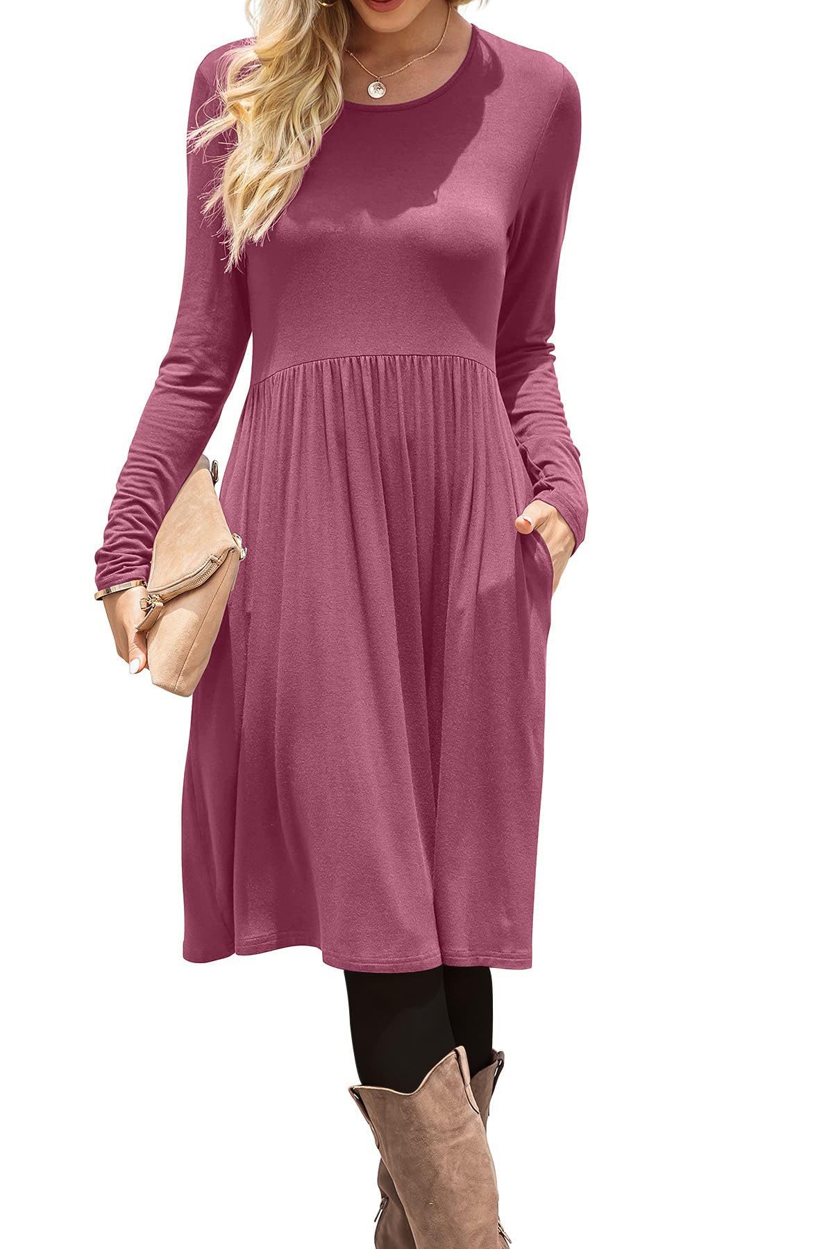 DB MOON Women Casual Long Sleeve Dresses Empire Waist Loose Dress with Pockets (Mauve, XL)