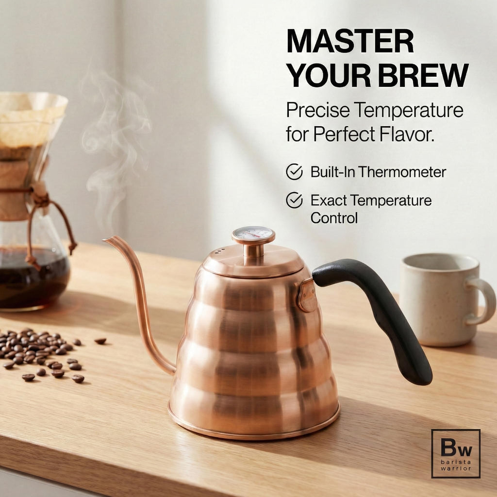 Barista Warrior Gooseneck Kettle with Thermometer - 1.2L Pour Over Coffee & Tea Kettle, Copper Coated Stainless Steel Gooseneck Kettle Pot, Precision Pour Drip Spout, Suitable for All-Stoves (40 floz)