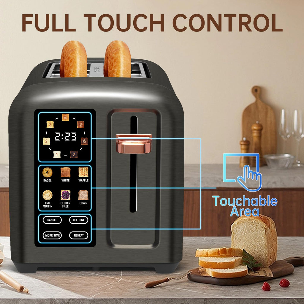SEEDEEM Touchscreen Toaster 2 Slice, 7 Shade, Stainless, 1350W Dark Metallic