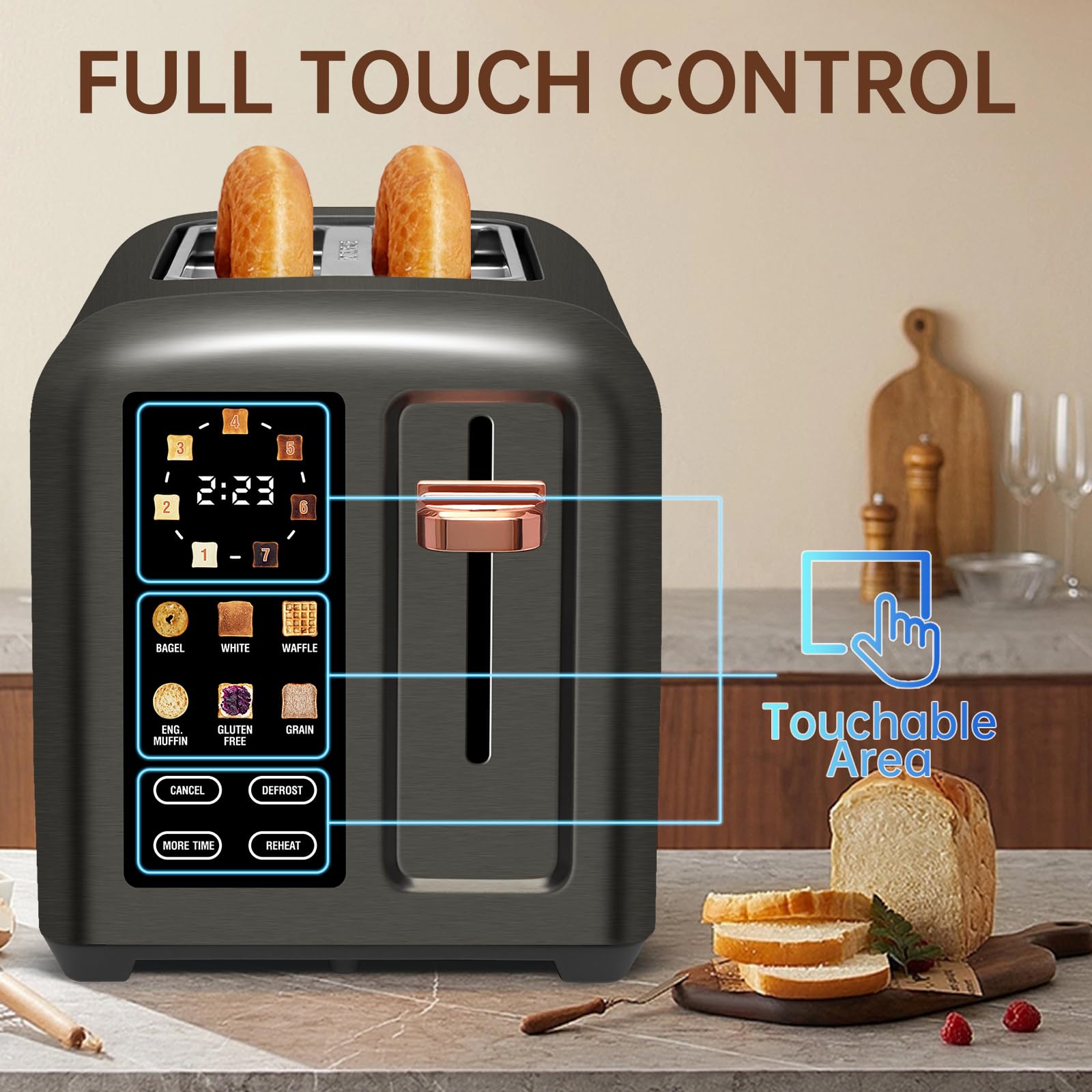 SEEDEEM Touchscreen Toaster 2 Slice, 7 Shade, Stainless, 1350W Dark Metallic