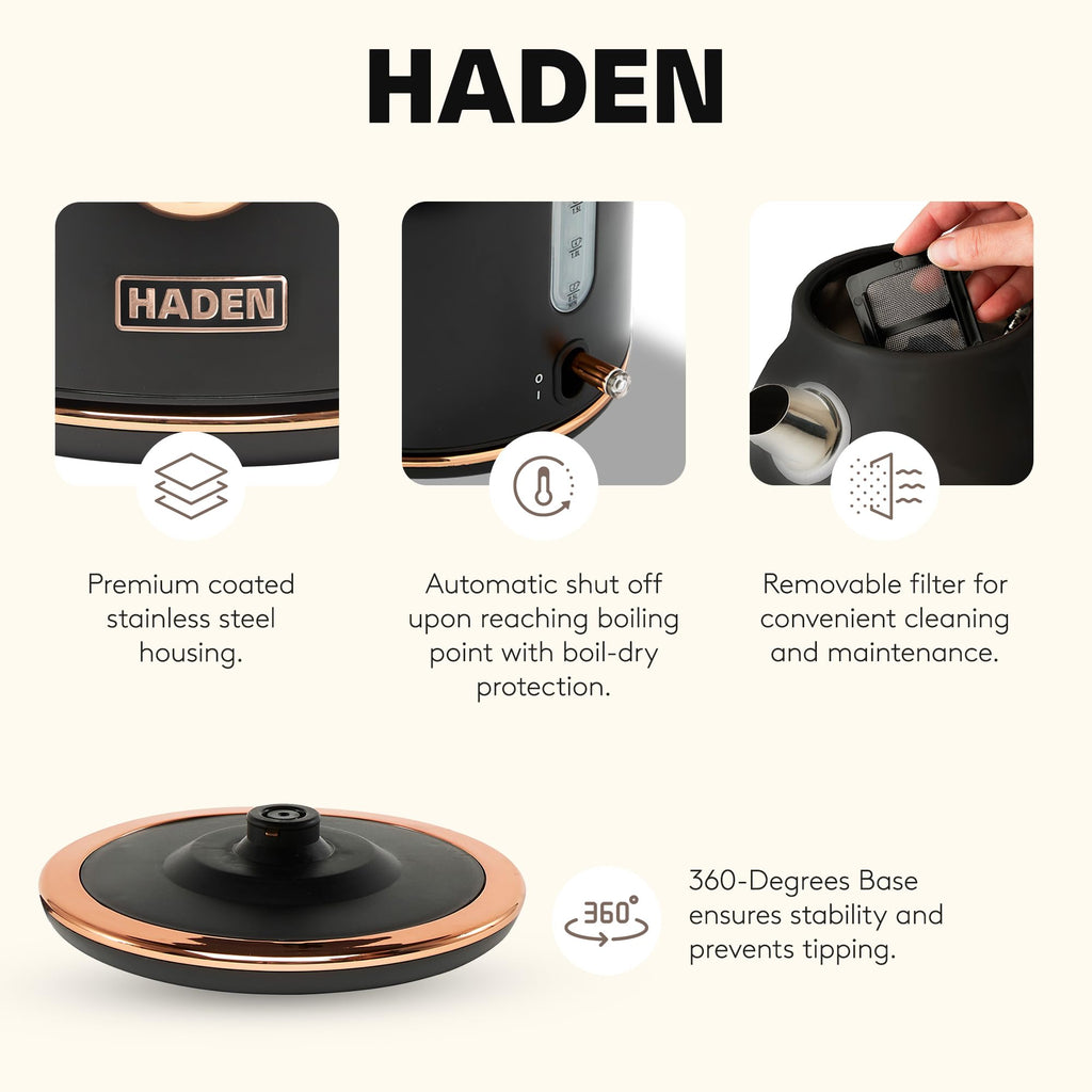 Haden Dorset 1.7 Liter Stainless Steel Electric Kettle, Hot Water Kettle with 360-Degree Base and Auto Shutoff, Black & Copper