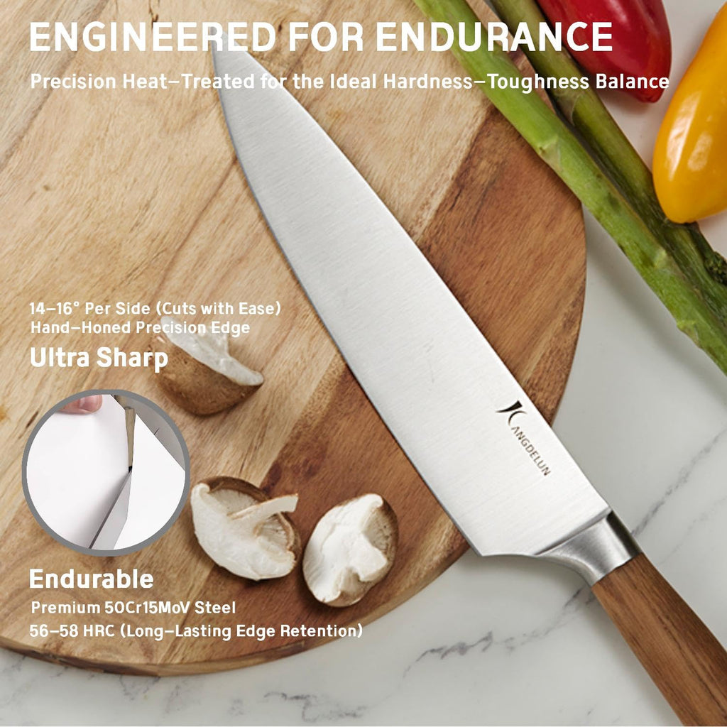 Kangdelun Ultra Sharp 15-Piece Knife Set, 50Cr15MoV High-Carbon Stainless Steel, Torrefied Brown Ash Wood Handles, Angled Dark Brown Wood Block, Easy Hand Wash, Gift Box