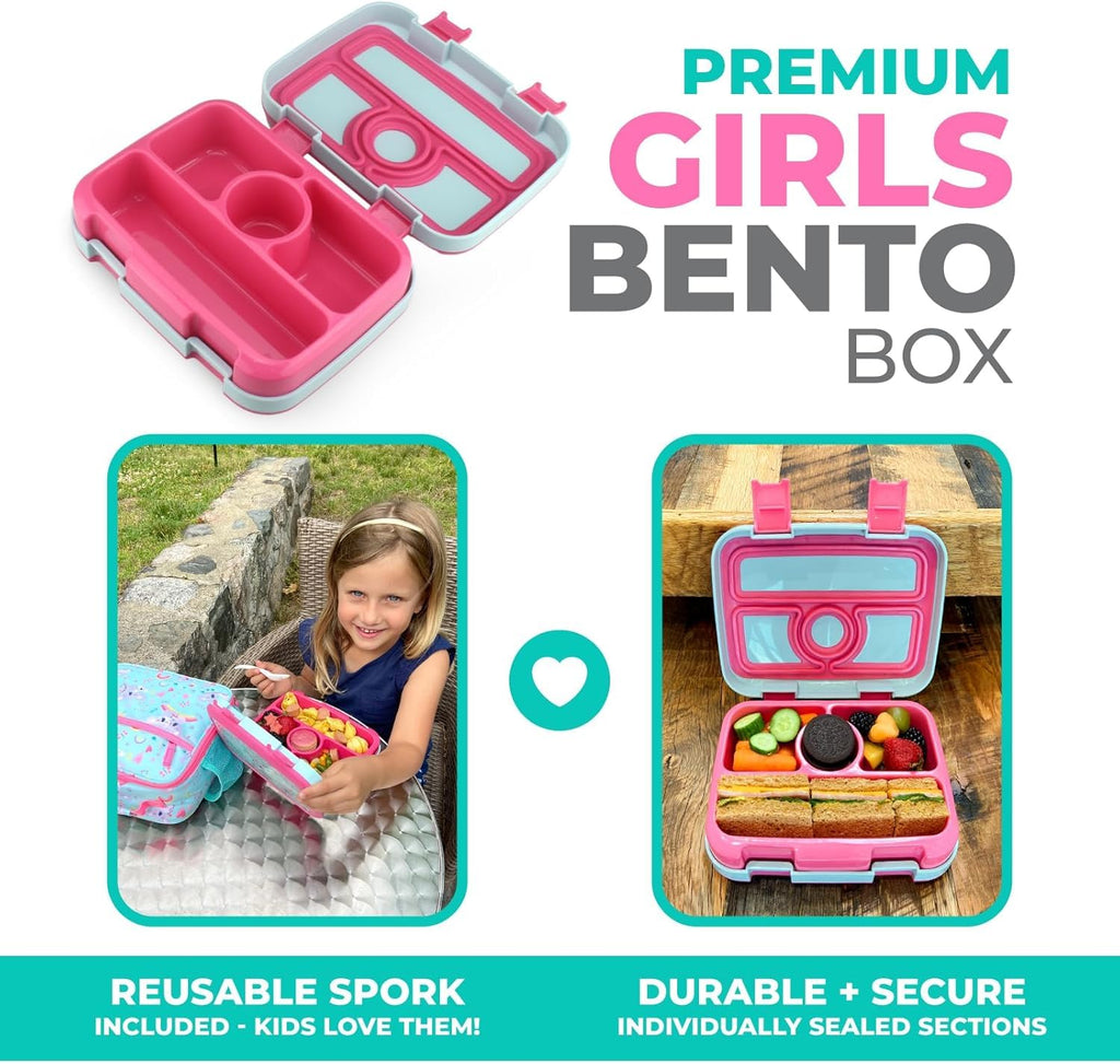 kinsho Bento Lunch Box for Kids Toddlers Girls, 4 Portion Sections Secure Lid, Microwave Safe BPA Free Removable Tray, Pre-School Kid Daycare Lunches Snack Container Ages 3 to 5, Pink Koala