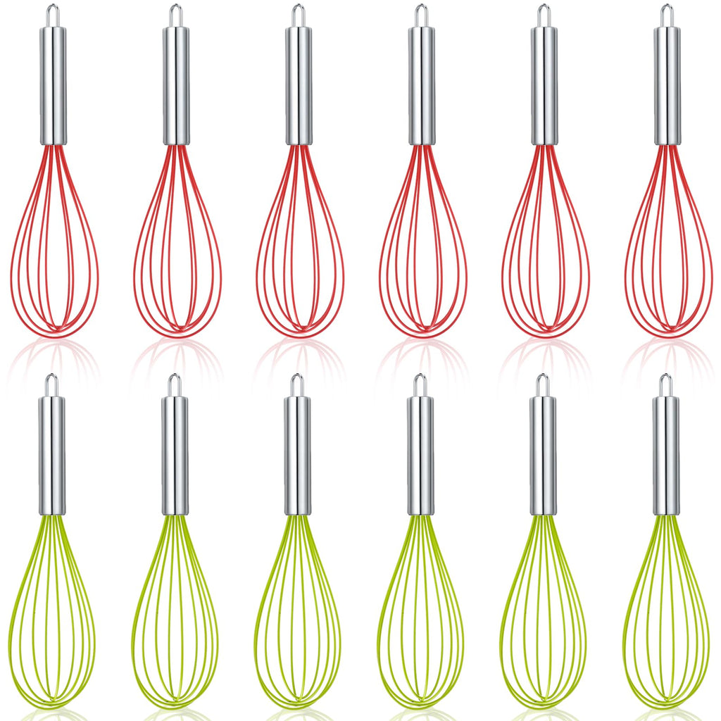 FoldTier 12 Sets 10 Inch Christmas Whisks Gifts DIY Fillable Christmas Tree Ornaments Xmas Colored Silicone Whisks for Cooking Heat Resistant Egg Beaters with Card Rope Bag for Candy Holder