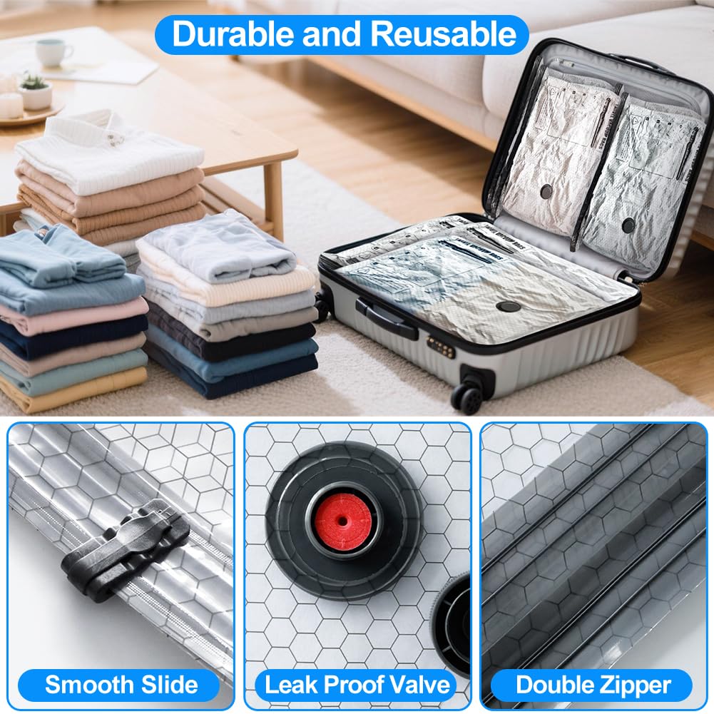 Vacuum Seal Bags 12-Pack with Wireless Pump, 4 Large/4 Medium/4 Sizes, Reusable Storage for Clothes Travel, Luggage & Suitcases, Portable Space Saver