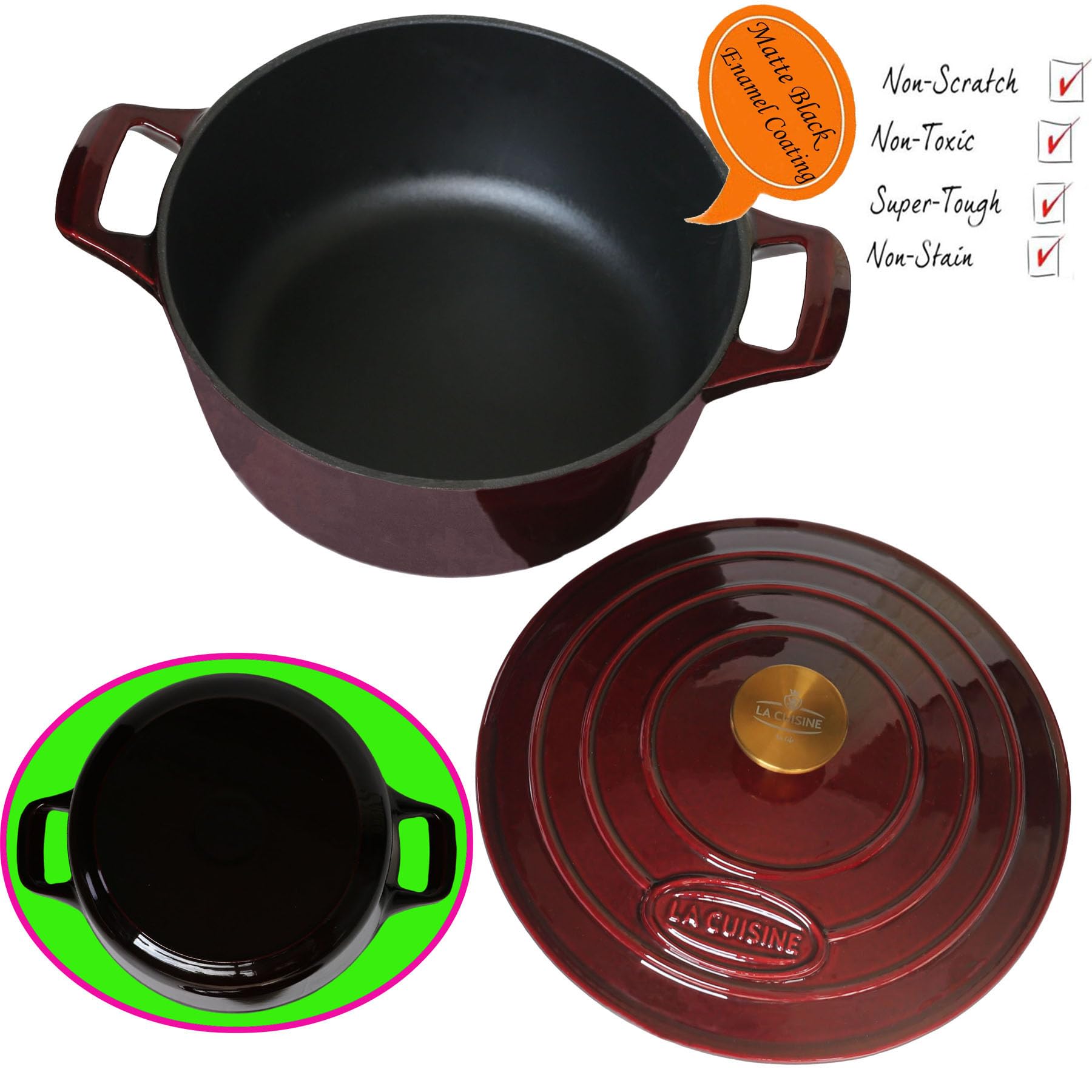 La Cuisine Enameled Cast Iron Dutch Oven Casserole Pot with Golden handle for Lid, Internal Matte Black Enamel Coating, 6.5 QT 11" / 28cm Ø, Oven-Safe 550°F/276°C, Cranberry