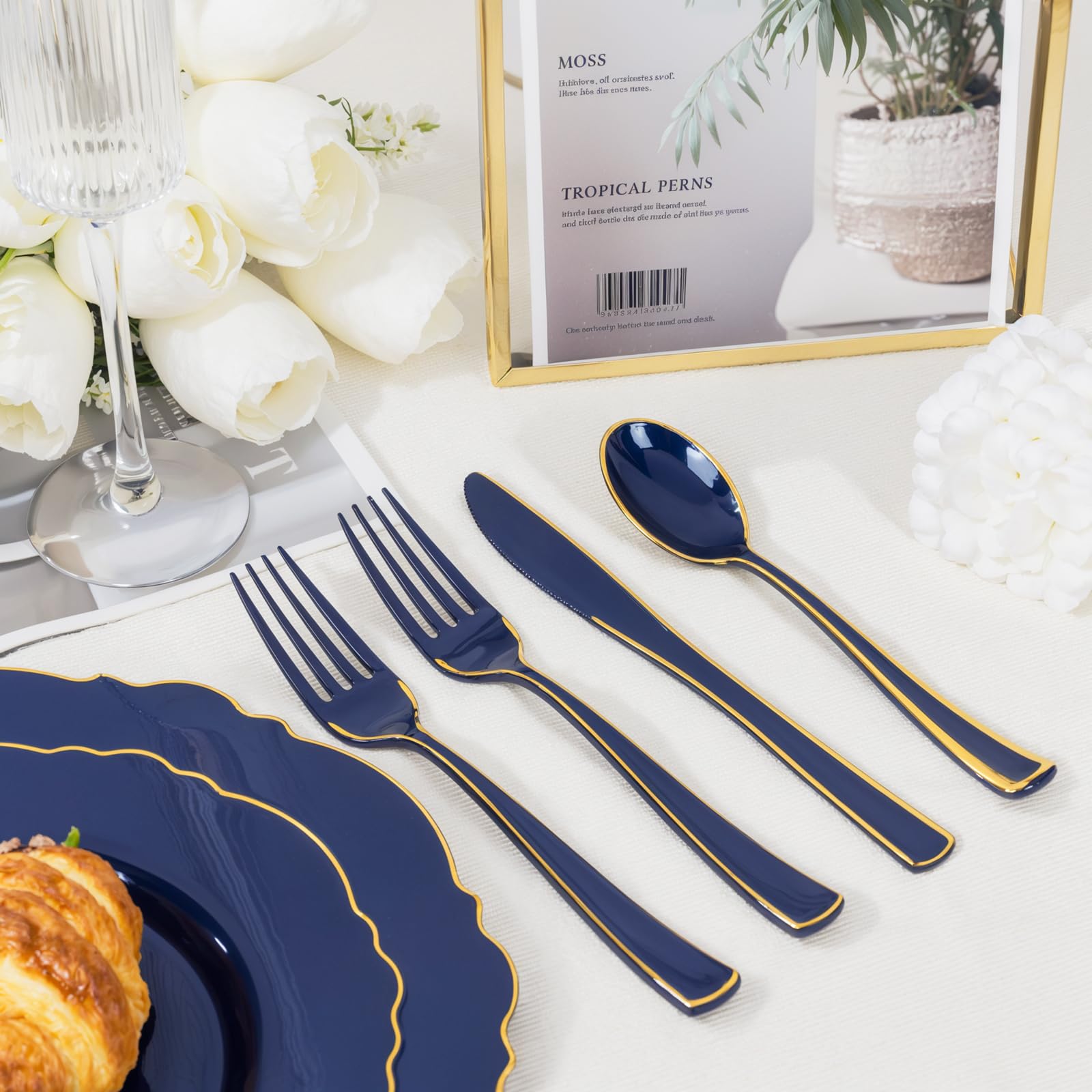 WDF 180PCS Blue Plastic Silverware -Blue and Gold Plastic Cutlery 60 Forks, 60 Knives, 60 Spoons - Heavy Duty Disposable Silverware for Party/Wedding/Birthday