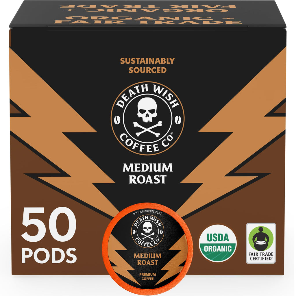 Death Wish Coffee Medium Roast Single Serve Coffee Pods, Organic, 50 Count