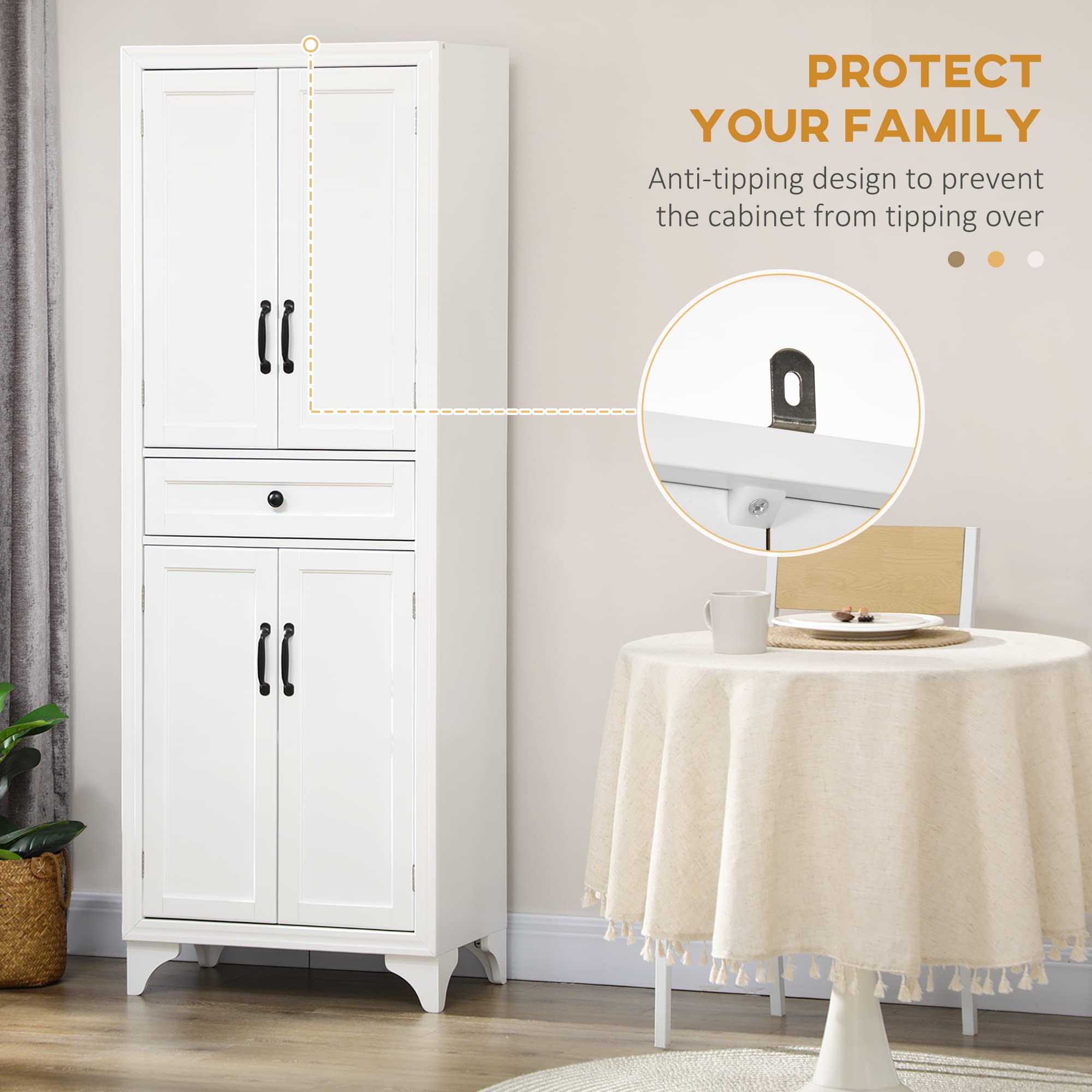 HOMCOM 67" Tall Freestanding Kitchen Pantry Cabinet 4-Door Drawer White