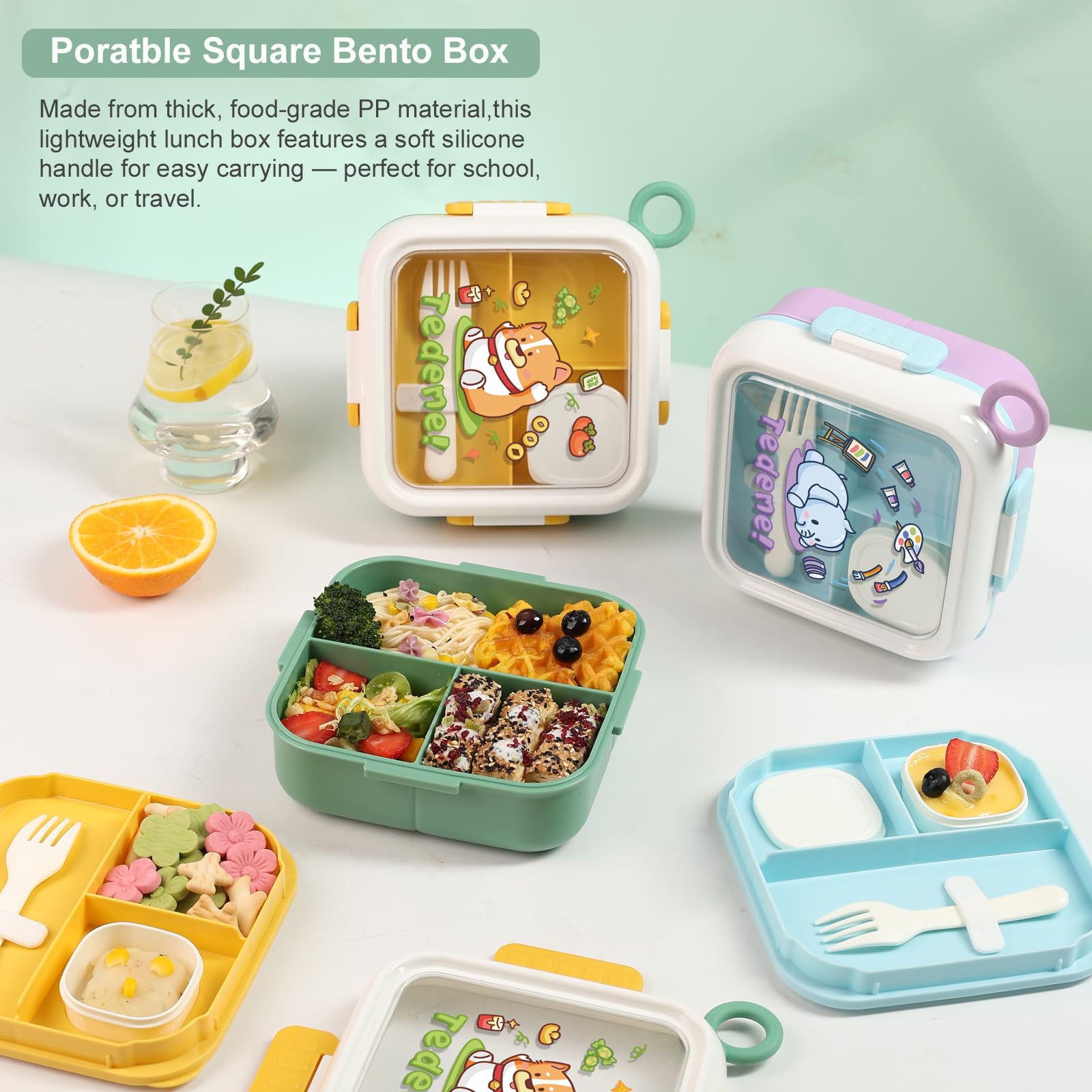 SAYAPE Bento Box for Kids Adults – Cute Cartoon 2-Layer Lunch Box with Fork, Sauce Cup & Brush, BPA-Free, 3-Compartment Square Snack Container with Handle for School, Office, or Travel (Purple)