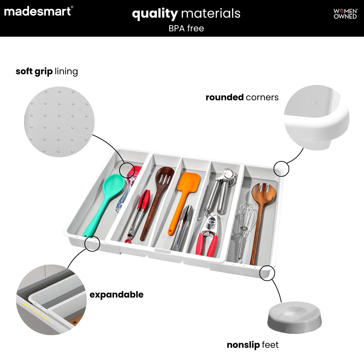 madesmart Classic Expandable Compartment Utensil Tray, White