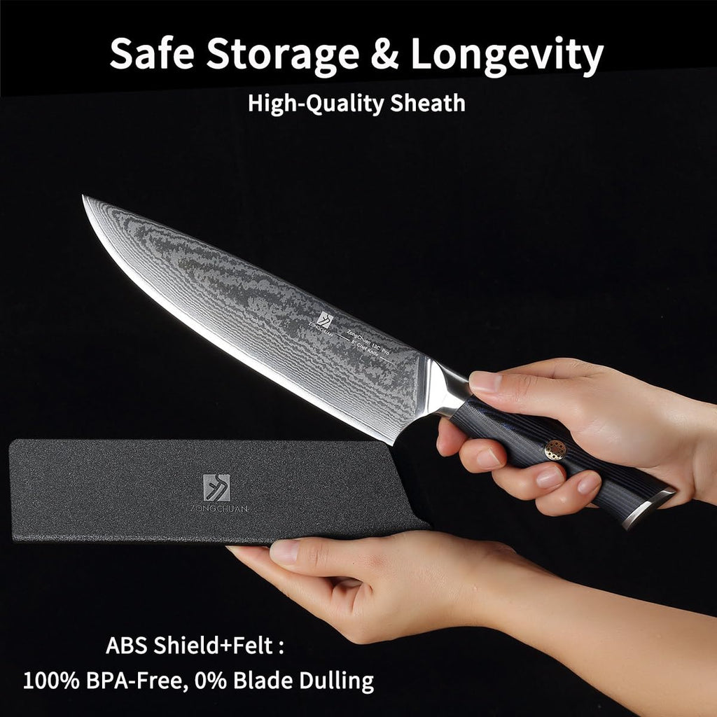 Chef Knife,8inch Damascus knife,67-Layer High Carbon Stainless Steel Kitchen Knife,Professiona Sharp Cutting Knives with Ergonomic G10 Blue Black Handle,Gift Box for Home and Kitchen Birthday Gift