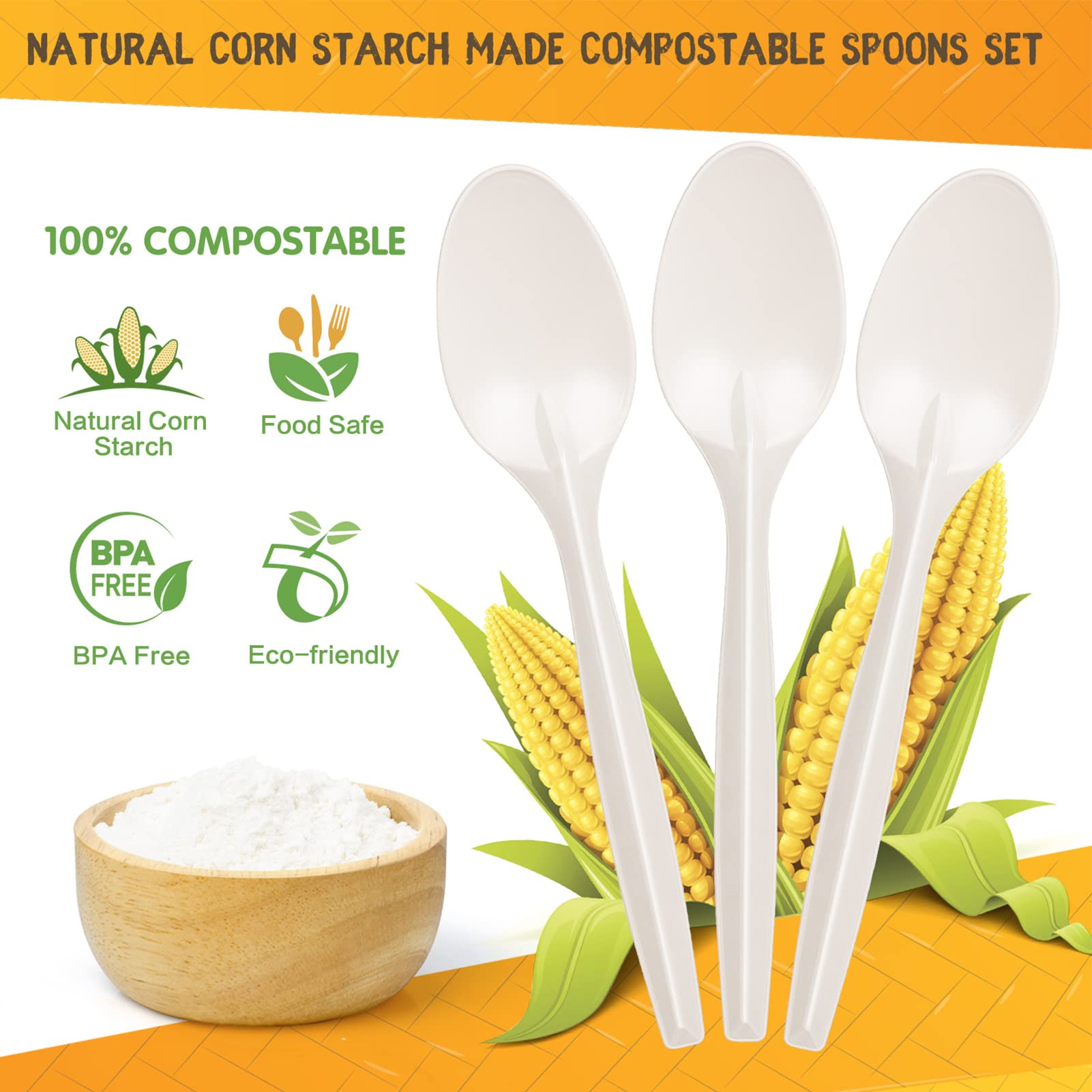 Gezond Compostable Spoons 150 Pack 6.7 Inch Disposable Spoons Heavy-duty