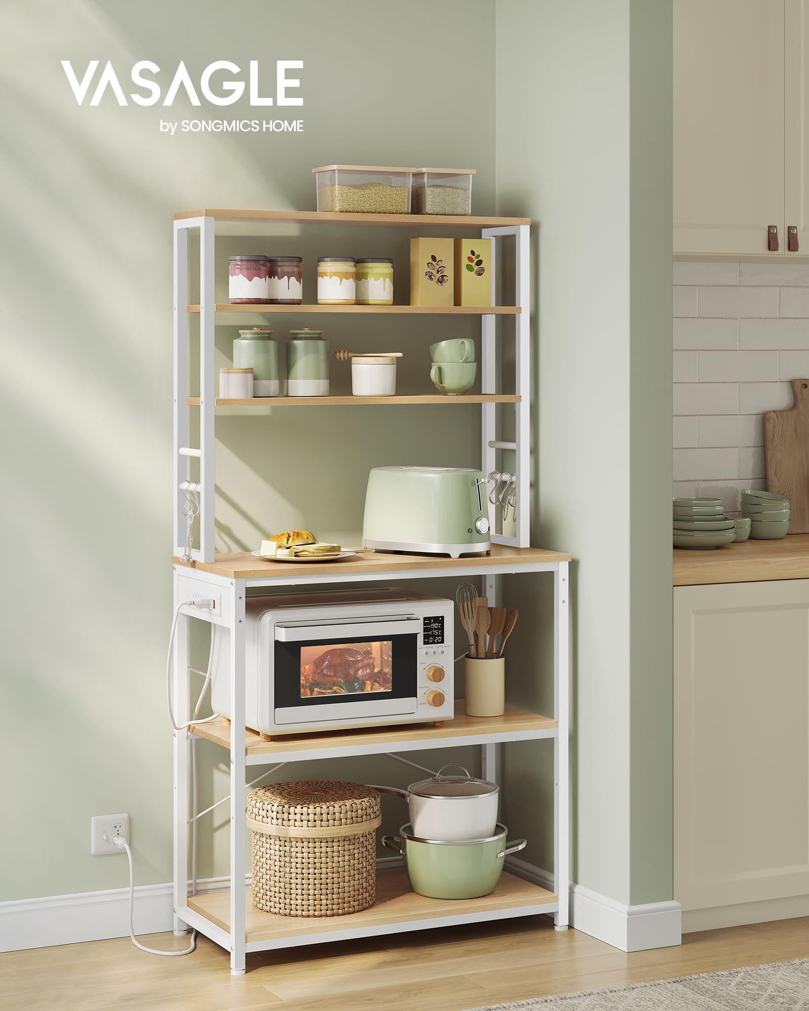 VASAGLE Bakers Rack with Power Outlet, 31.5 Inches Coffee Bar for Kitchen with Storage, 6-Tier Kitchen Shelves with 6 Hooks, Microwave Stand, Modern, Golden Oak and Cloud White UKKS119Y01