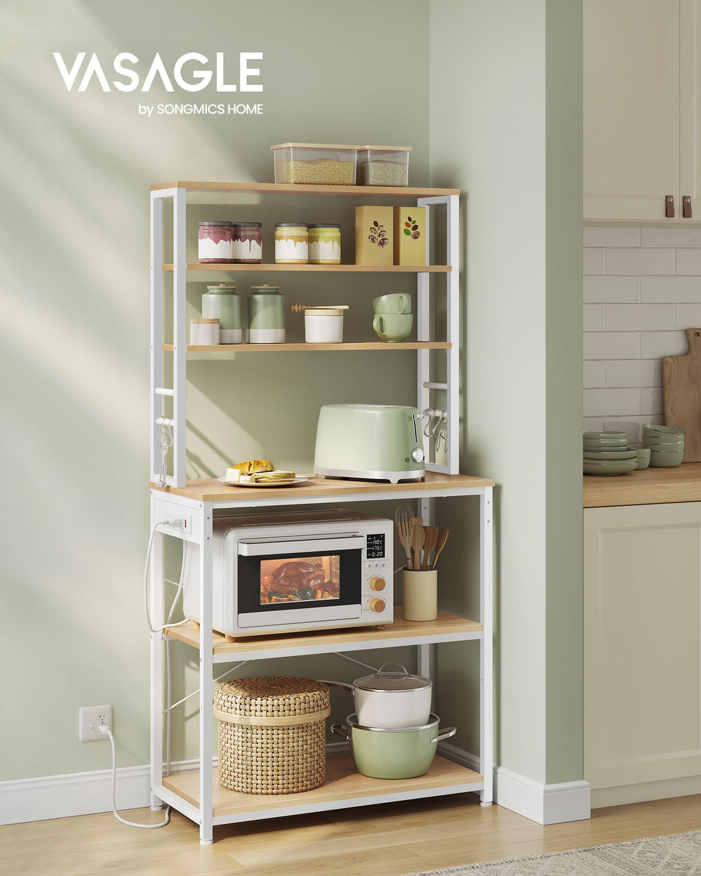 VASAGLE Bakers Rack with Power Outlet, 31.5 Inches Coffee Bar for Kitchen with Storage, 6-Tier Kitchen Shelves with 6 Hooks, Microwave Stand, Modern, Golden Oak and Cloud White UKKS119Y01