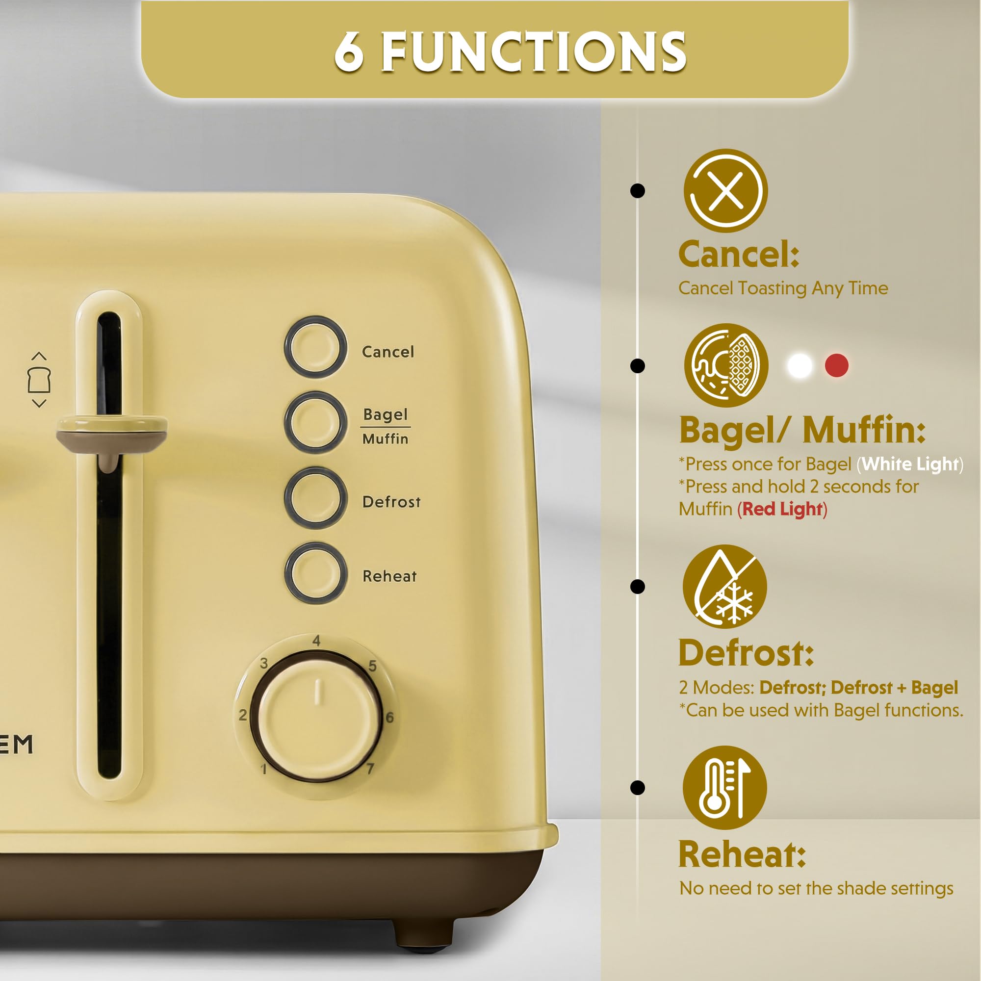BUYDEEM DT640 4-Slice Toaster, 7 Shade Settings, Extra Wide 1.5’’ Slots for Bagel & English Muffin, 6 Toasting Functions, Retro Stainless Steel Toaster with High Lift Lever, 1800W, Yellow