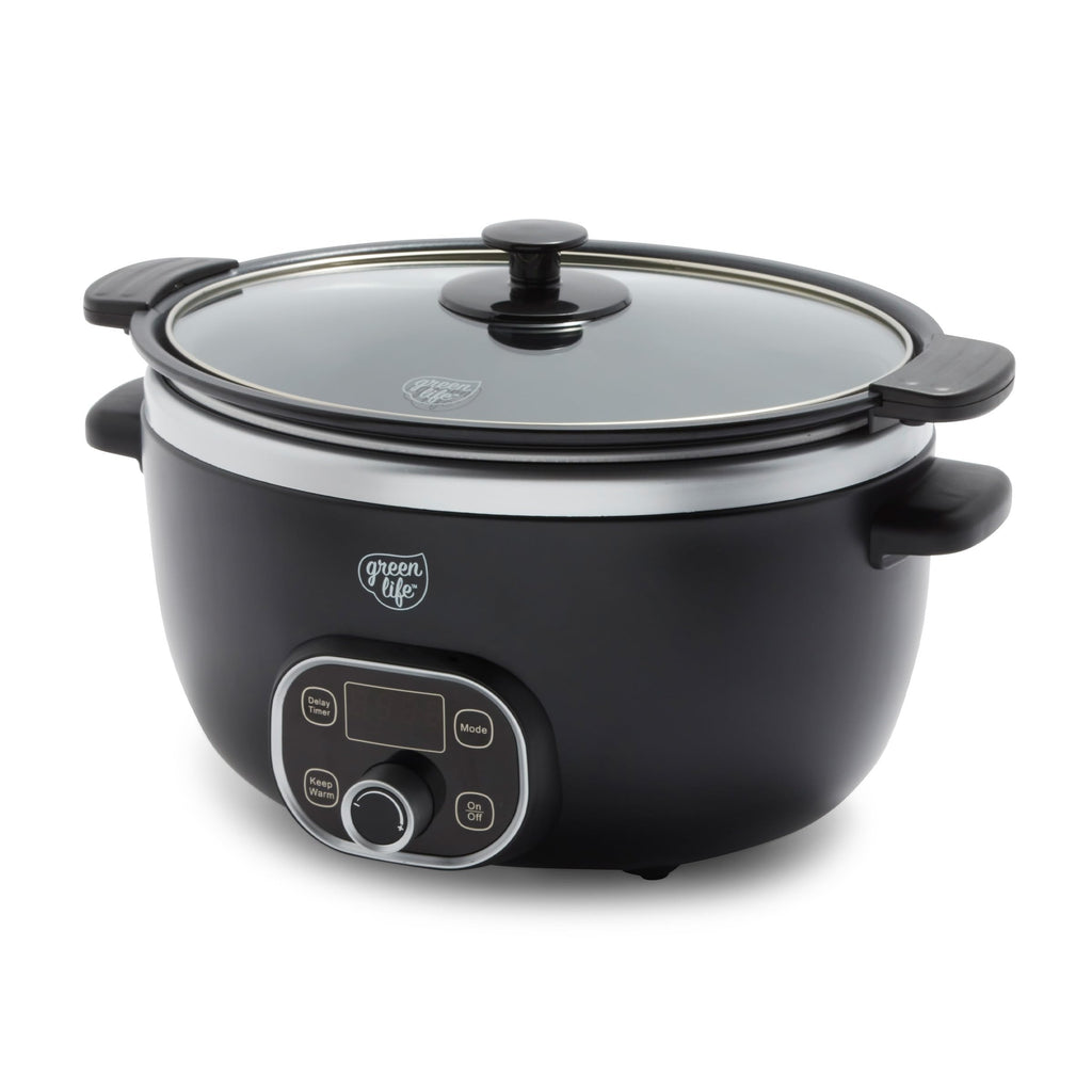 GreenLife 8QT Ceramic Nonstick Slow Cooker, Cooktop/Oven Safe, Black
