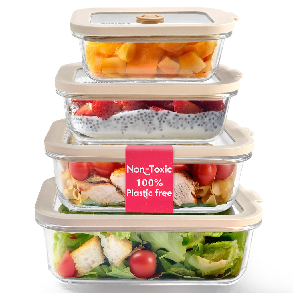Non-Toxic Glass Food Containers with Lids, 4-Pack, Multi-Size, Beige
