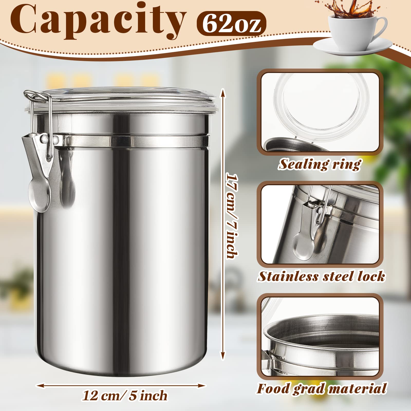Lallisa 1 Pcs Stainless Steel Kitchen Canister 62 fl oz with Airtight Clear Clamp Lid, Metal Food Storage Container Set for Coffee Bean Ground Coffee Flour Sugar Spice Tea Cereal Snack Candy Pantry