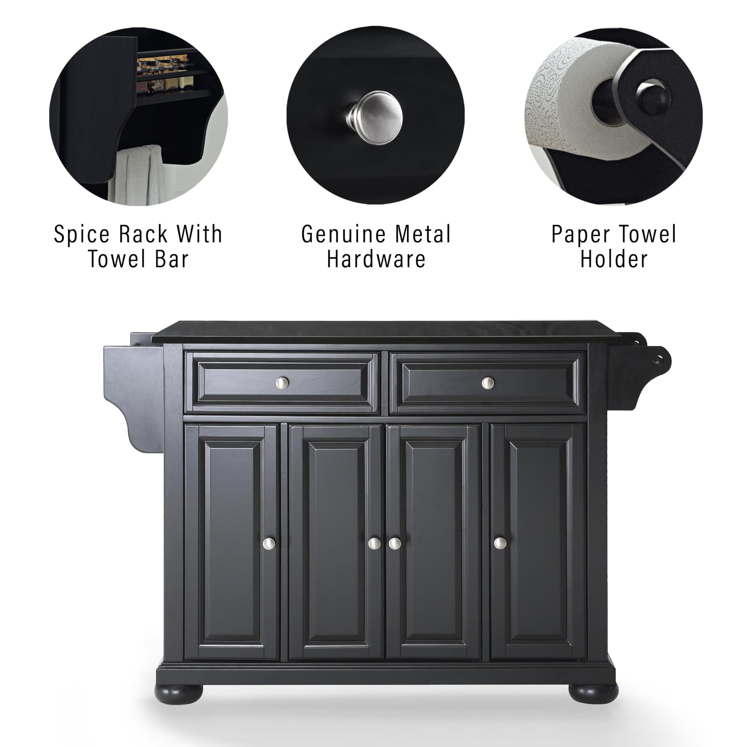 Crosley Furniture Alexandria Granite Top Rolling Kitchen Island Storage Cart, Microwave Stand, Spice Rack, Black