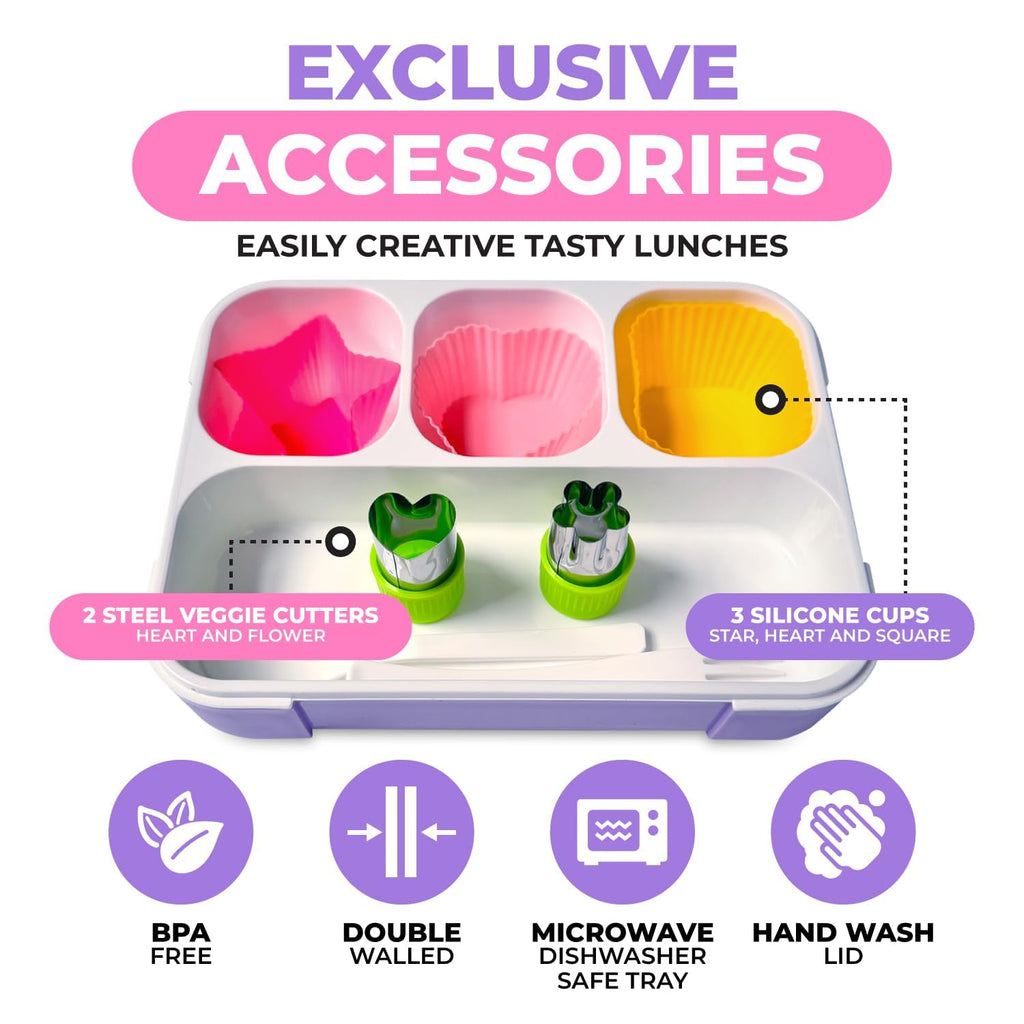 kinsho Bento Lunch Box with Insulated Bag, Ice Pack and Accessories for Girls. Snack Containers with 4 Compartment Dividers for Toddlers Pre-School Daycare BPA Free Set, Utensils, Rainbow Unicorn