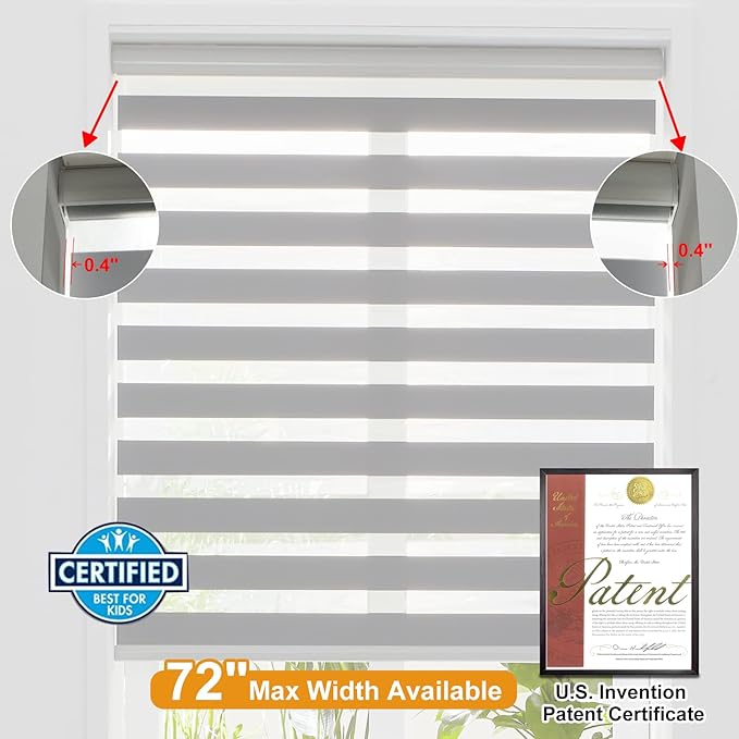 Persilux Zebra Shades Cordless Blinds for Windows (22" W x 72" H, Grey) Dual Layer Zebra Roller Shades, Free Stop Sheer Window Treatments for Home, Office, Bathroom…