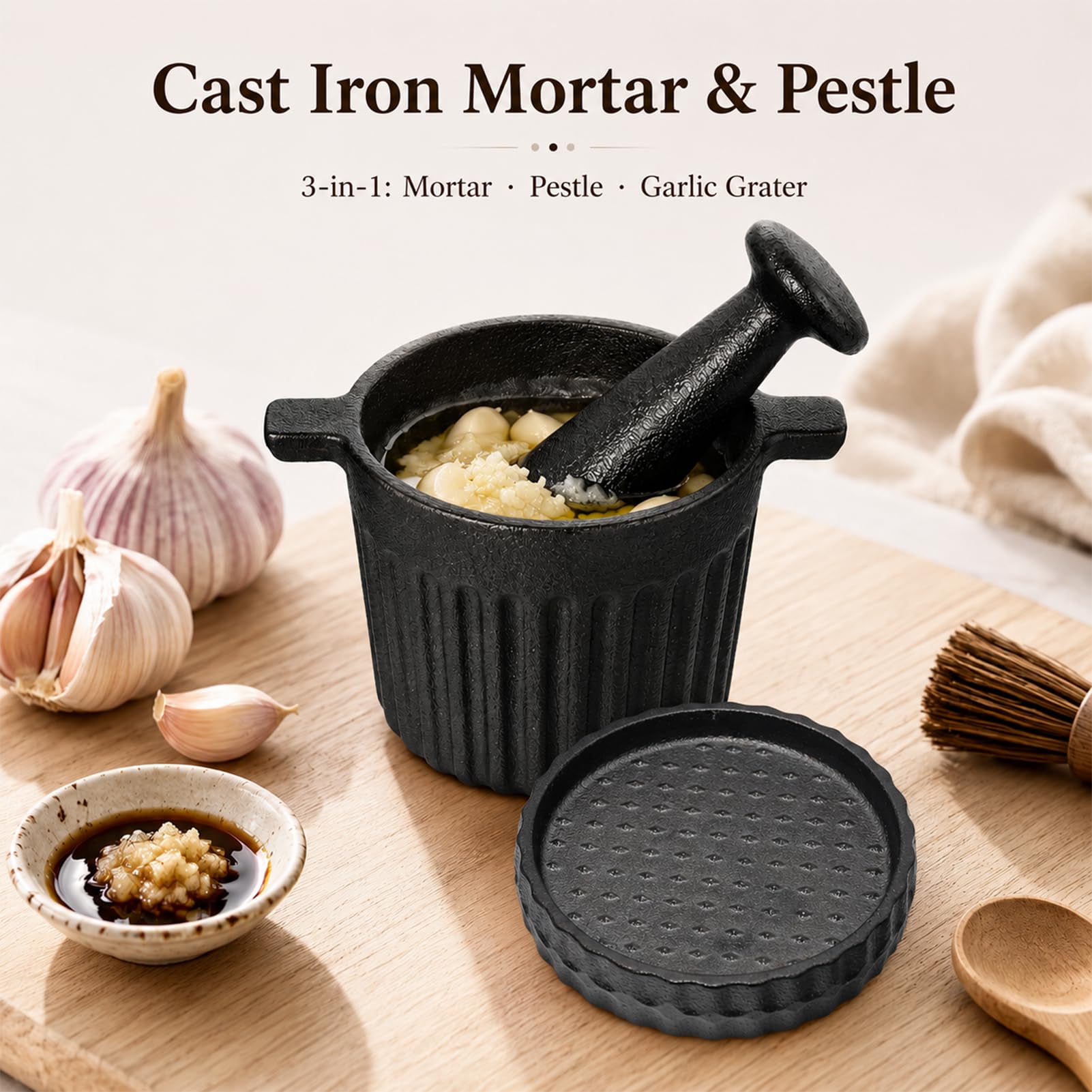 UKEMEN Cast Iron Mortar and Pestle Set, 3-Piece Small Garlic Grater Plate with Brush and Scoop, Heavy Duty Muddler and Bowl Grinder Set Perfect for Guacamole/Spices/Herbs/Solid/Metal/Glass/Rock