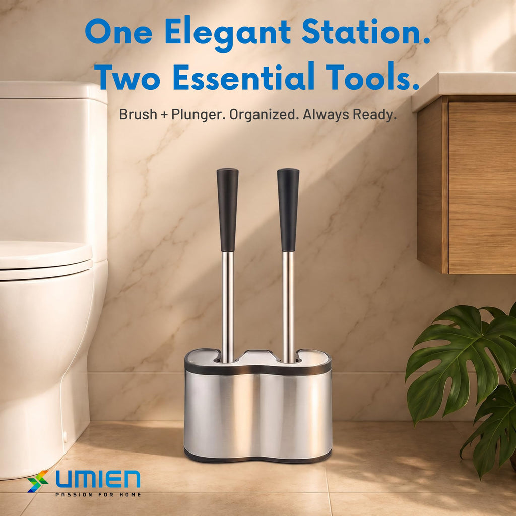 UMIEN Toilet Brush and Plunger Set, Satin Nickel, Long Handle Freestanding