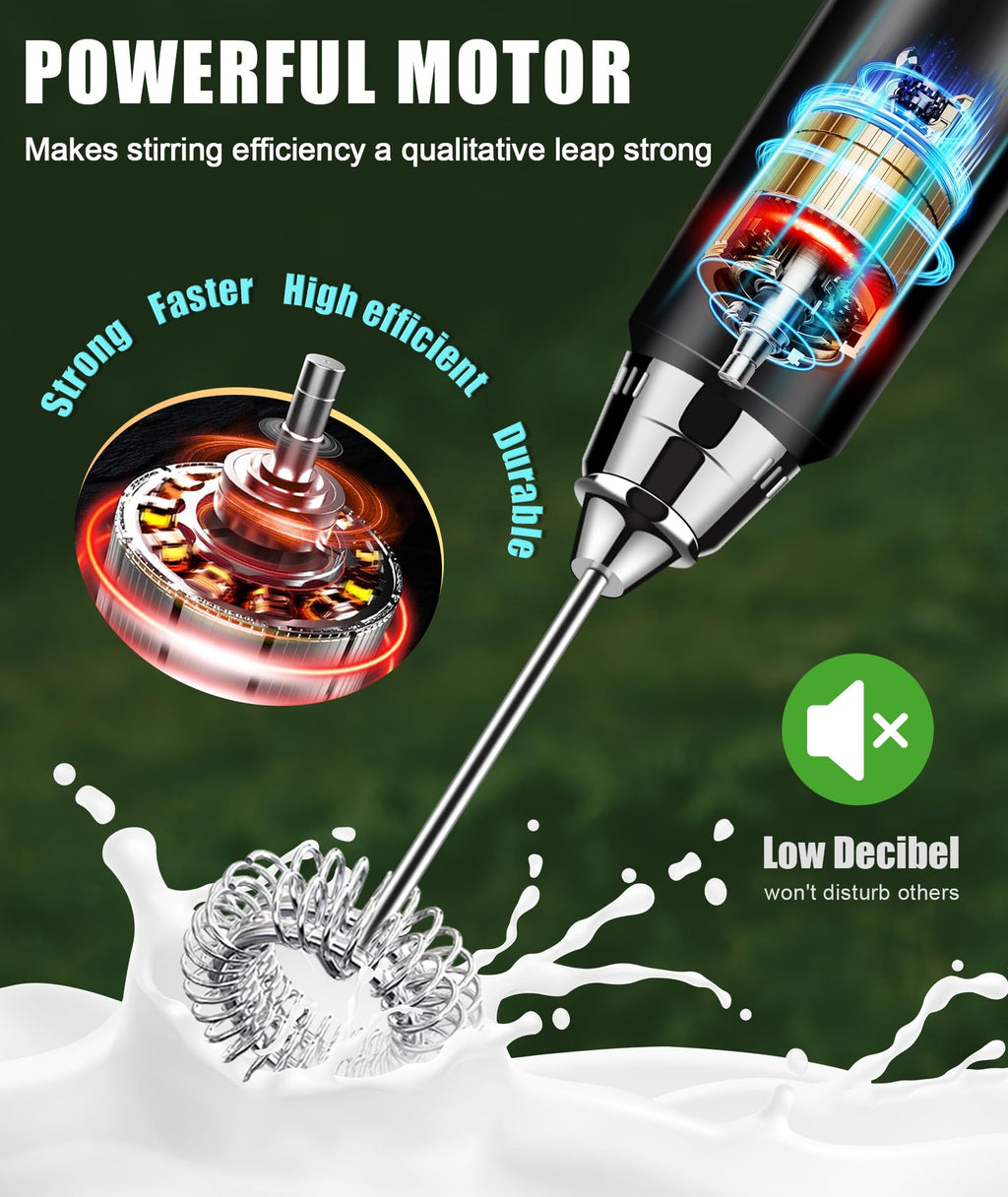 YUSWKO Handheld Milk Frother Wand for Coffee, Rechargeable Electric Whisk with 3 Heads 3 Speeds Drink Mixer Coffee Frother For Latte, Cappuccino, Hot Chocolate, Egg, White with Bag
