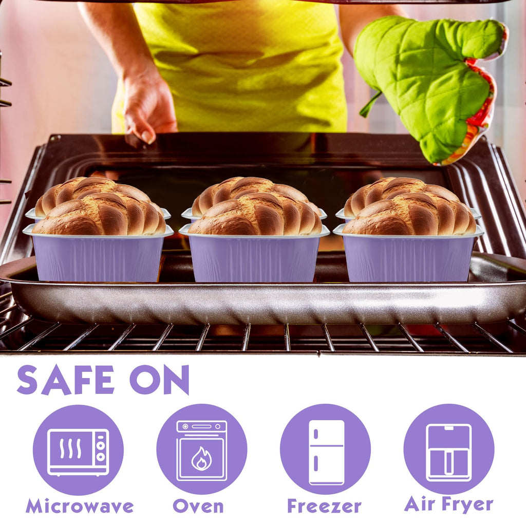 Aoriher 150 Pcs 10 oz Mini Cake Pans with Lids Aluminum Foil Baking Cup Disposable Square 4 x 4 Large Baking Tin, Muffin Pan Cheesecake Kitchen Brownie Pudding Desserts Holder(Taro Purple)