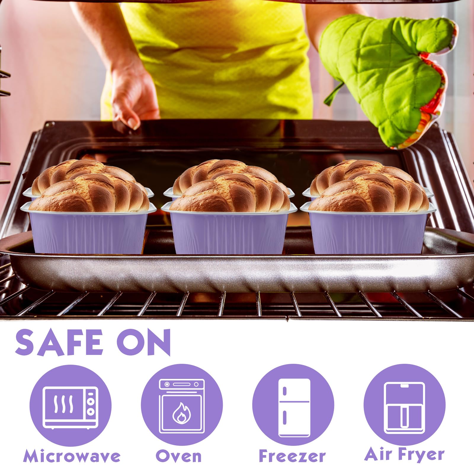 Aoriher 150 Pcs 10 oz Mini Cake Pans with Lids Aluminum Foil Baking Cup Disposable Square 4 x 4 Large Baking Tin, Muffin Pan Cheesecake Kitchen Brownie Pudding Desserts Holder(Taro Purple)