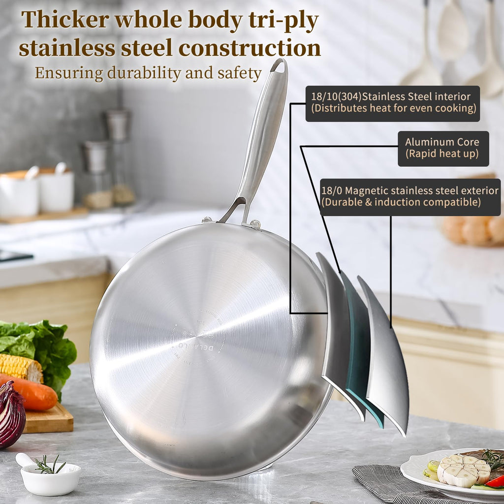 DELARLO Tri-Ply Stainless Steel Pan,18/10, 12"+Lids