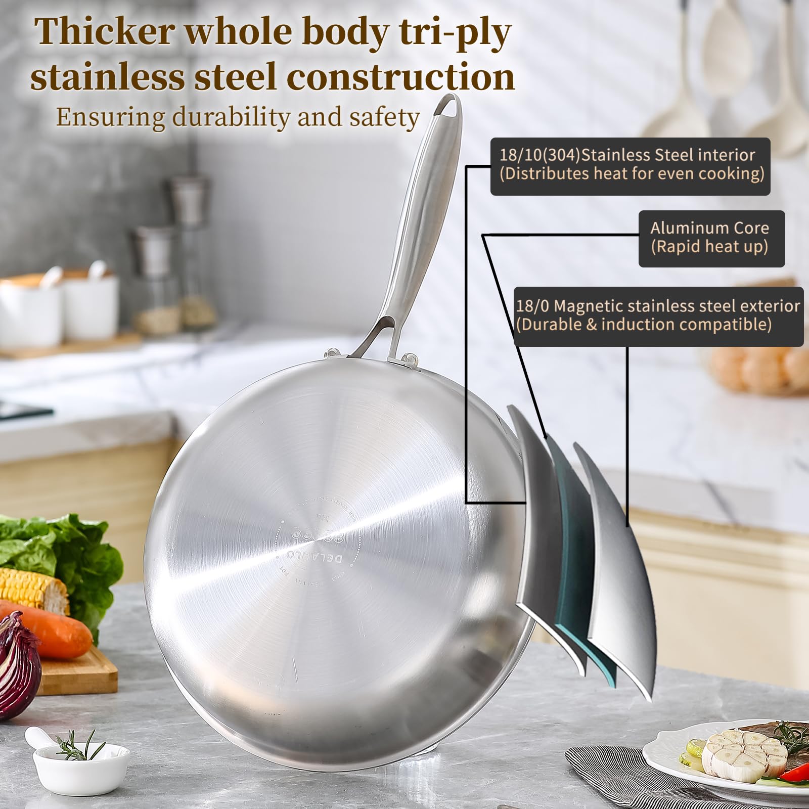 DELARLO Tri-Ply Stainless Steel Pan,18/10, 9"