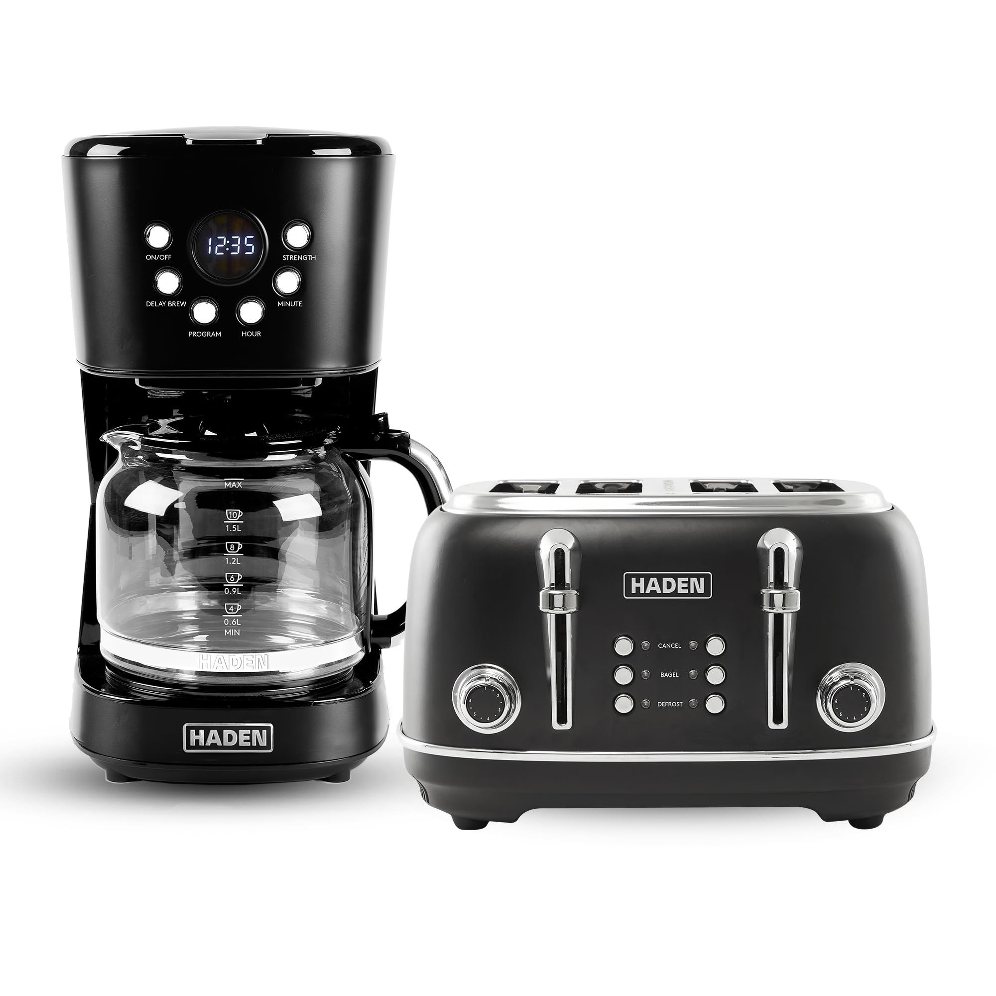 HADEN Heritage 4 Slice Wide Slot Stainless Steel Toaster Bundled with 12 Cup Programmable Drip Coffee Maker Coffee Machine, Black & Chrome