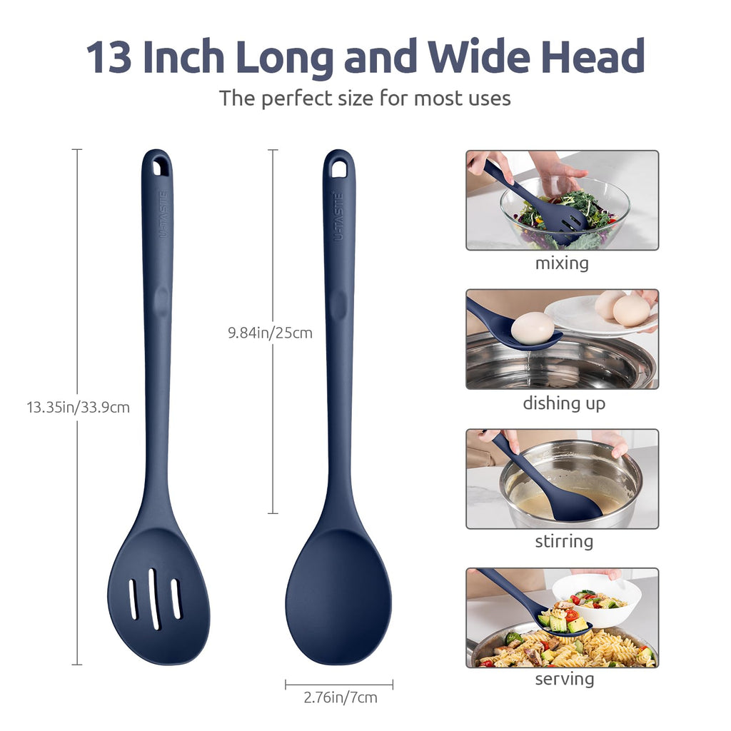 U-Taste Silicone Spoons Set of 2, 13.3" Long Large Mix Spoon, Midnight Blue