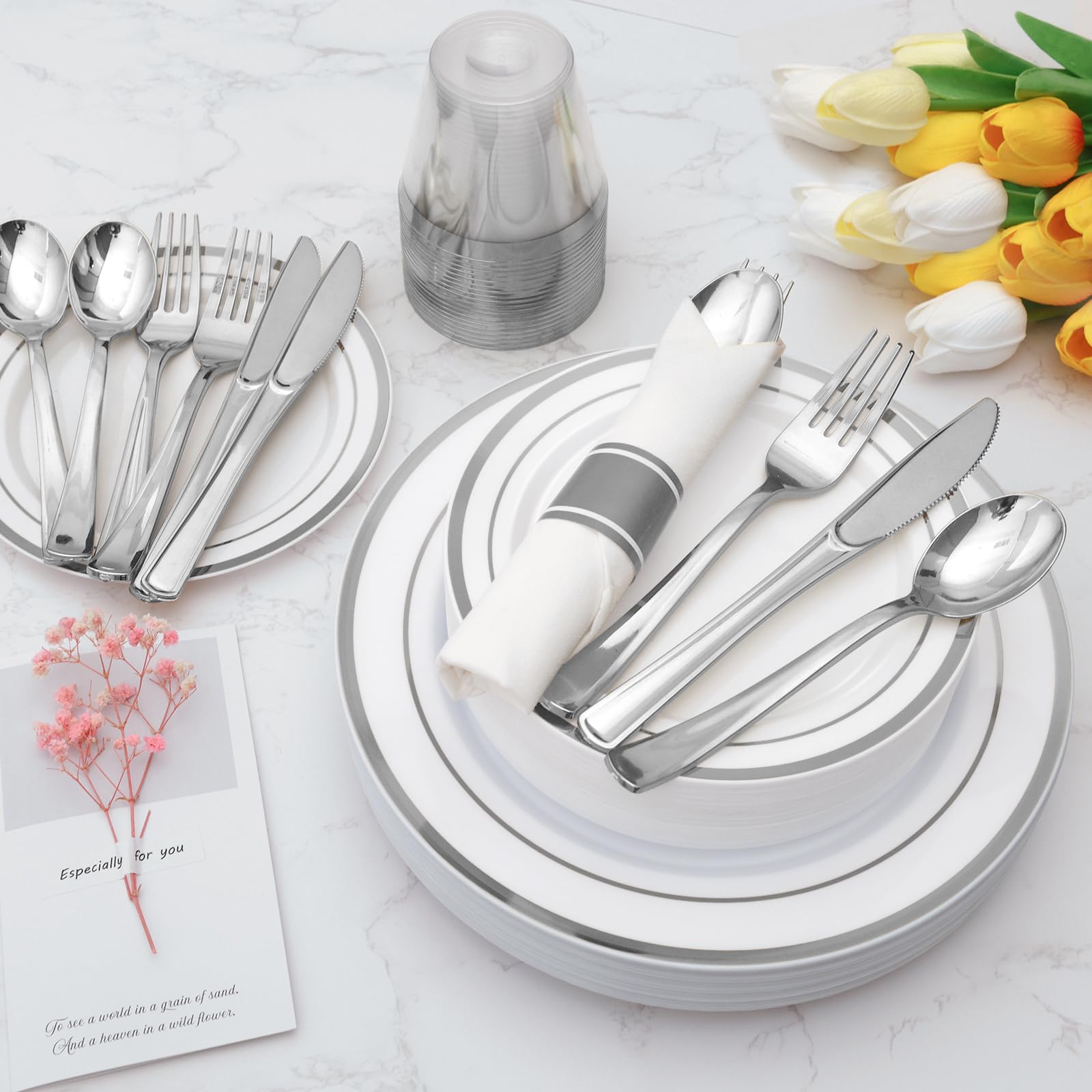Goodluck 175 Piece Silver Plastic Dinnerware Set for 25 Guests