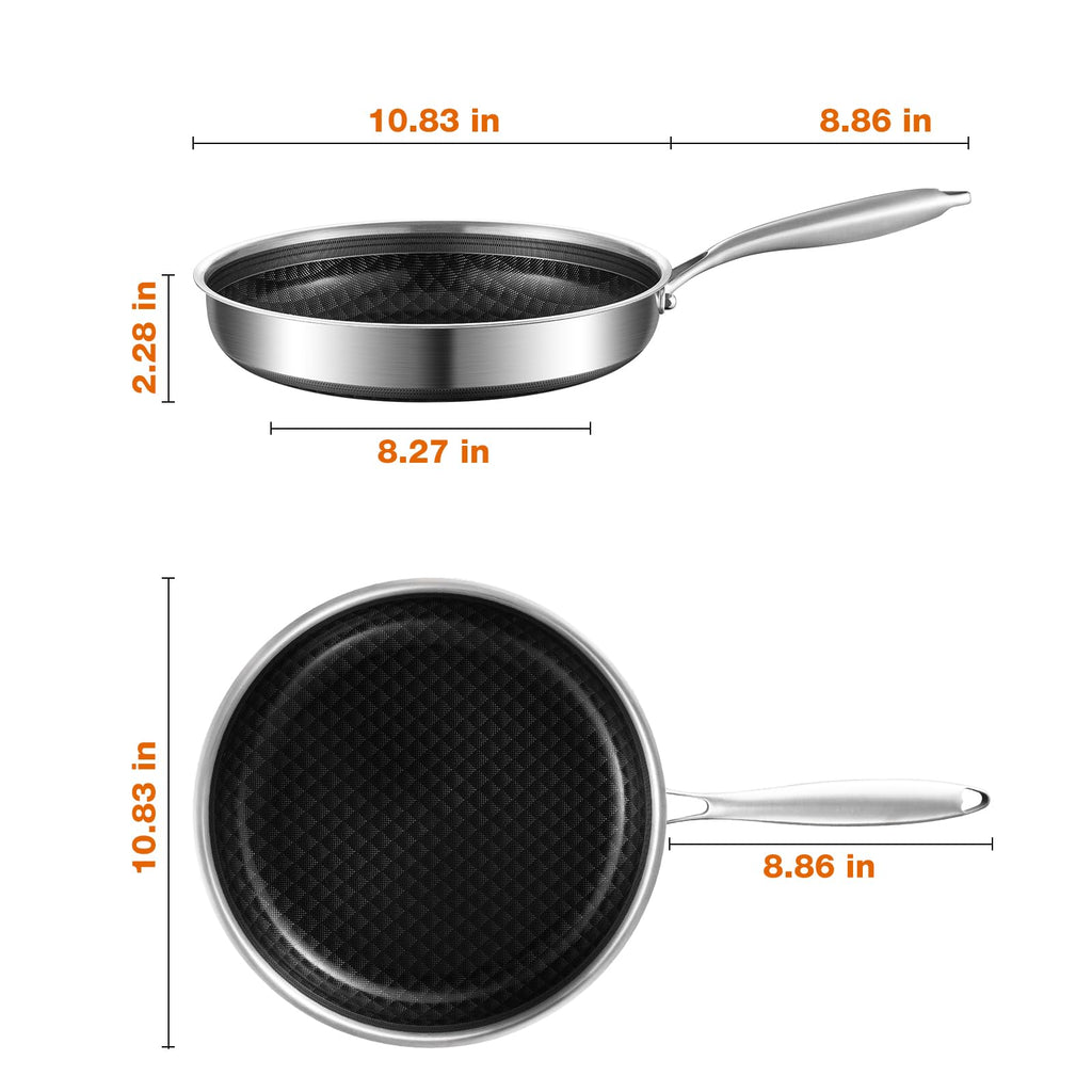 MOUTIUS 8-10 Inch Non Stick Frying Pans, Ceramic Coating NonStick Stainless Steel Pan Set, Tri-Ply Skillets and Pan Set with Lid, Cool-Touch Handle, Dishwasher and Oven Safe