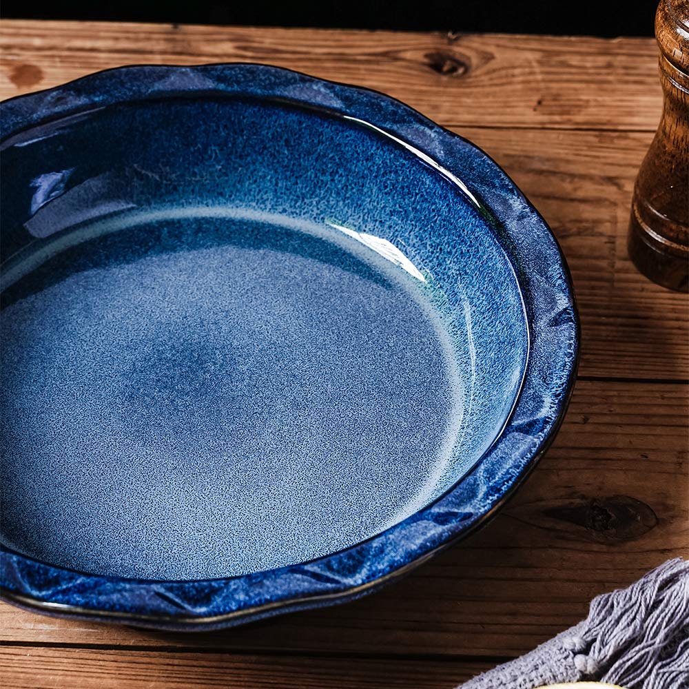 KOOV Ceramic, 9 Inches Pie Plate, Pie Dish for Dessert Kitchen, Round Baking Dish Pan for Dinner, Wrapping Upgrade, Reactive Glaze (Nebula Blue)