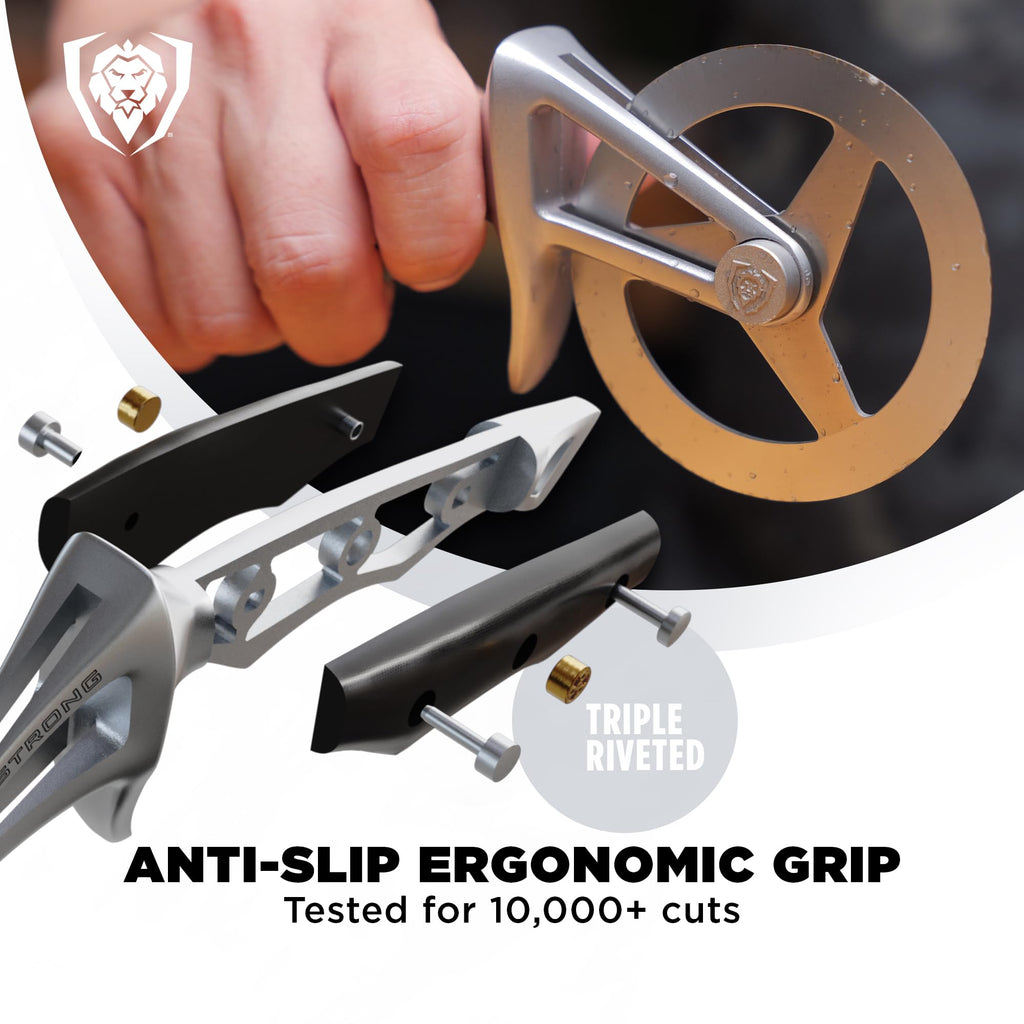 Dalstrong Orbit Razor Pizza Cutter Wheel — 2mm #304 Stainless, Tri-Spoke Rotary, G-10 Handle — For Homemade Pizza, Flatbread, Quesadillas, Pastry & Dough — Thumb Guard + Sheath Included