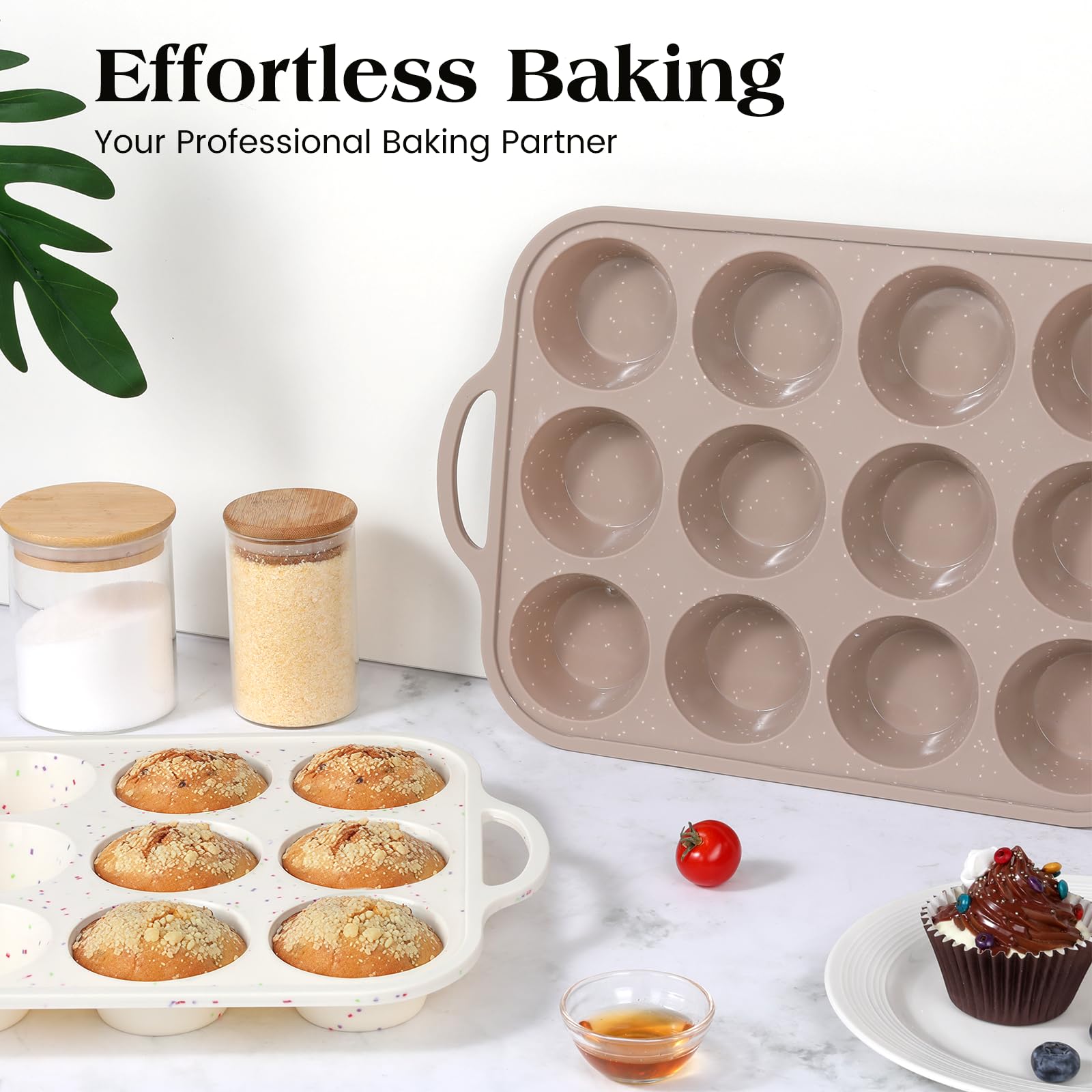 Vinino 2Pack Silicone Muffin Pans for Baking with Metal Reinforced Frame, 12 Cups Regular Size Nonstick Silicone Cupcake Pan, BPA Free Oven Dishwasher Safe Baking Mold for Muffins Cupcakes