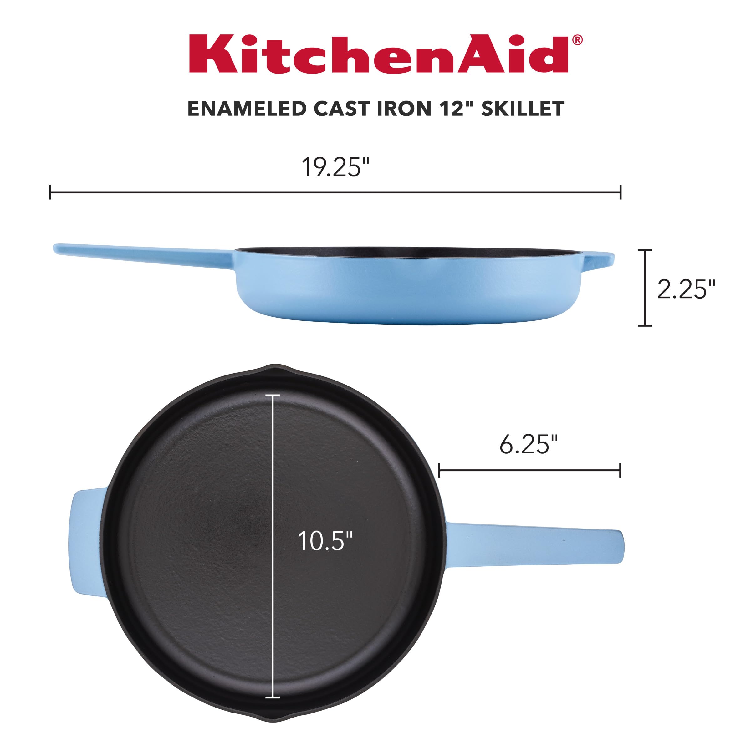 KitchenAid Enameled Cast Iron Frying Pan/Skillet with Helper Handle and Pour Spouts, 12 Inch, Blue Velvet