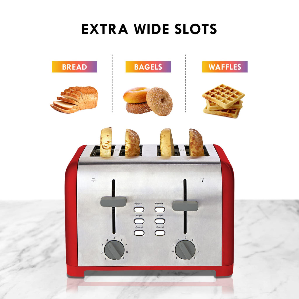 Slice Toaster, Red Stainless Steel, Dual Controls, Extra Wide Slots, Bagel and Defrost Functions, 9 Browning Levels, Removable Crumb Trays, for Bread, Toast, English Muffin, Toaster Strudel