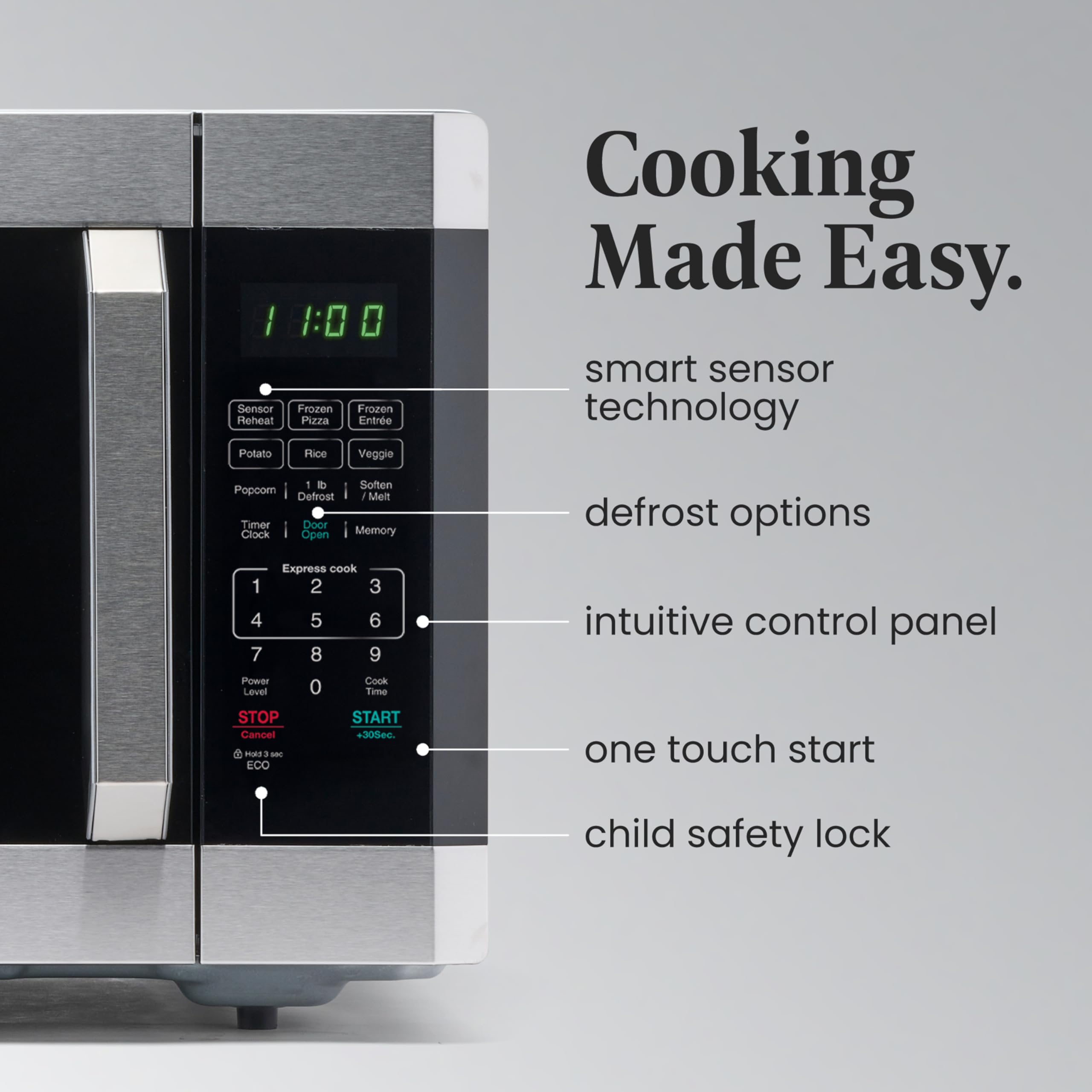 Farberware 1.6 Cu. Ft. Countertop Microwave Oven – 1100 Watts Power, Smart Sensor Auto Cook Settings, Defrost, Easy Clean and Child Safety Lock - Stainless