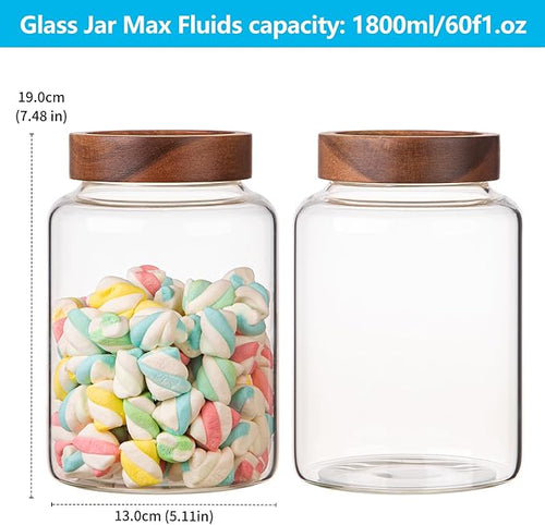 2 PCS Large Glass Jars with Wooden Airtight Lid 60 oz /1800ml,Clear Ground Coffee Bean Storage Canister with Screw Lid Glass Food Contianer for Pantry Sugar Tea Spice Cookies Salts (1800ml/60oz-2PACK)