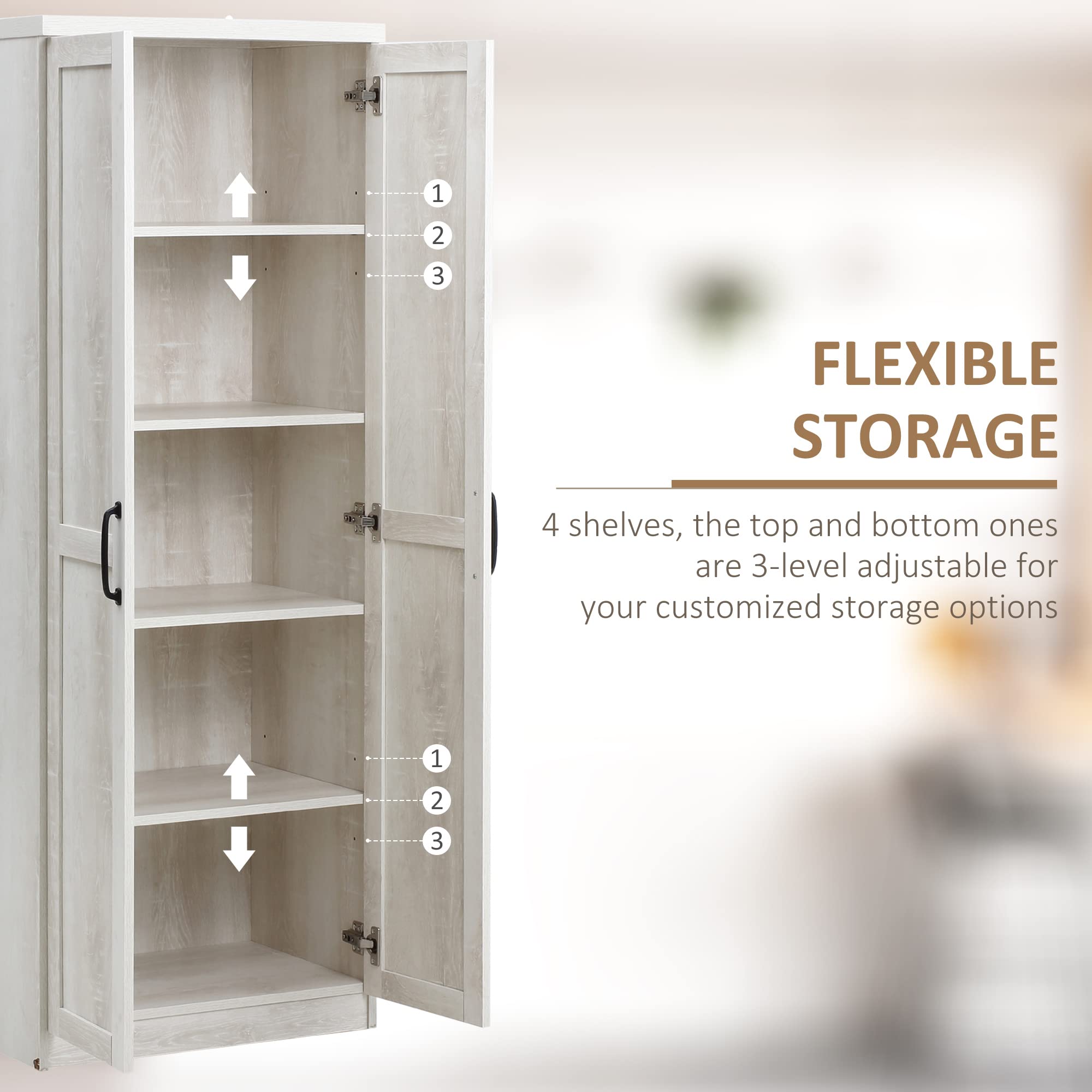 HOMCOM 63" 2-Door Kitchen Pantry 5-Tier Antique White