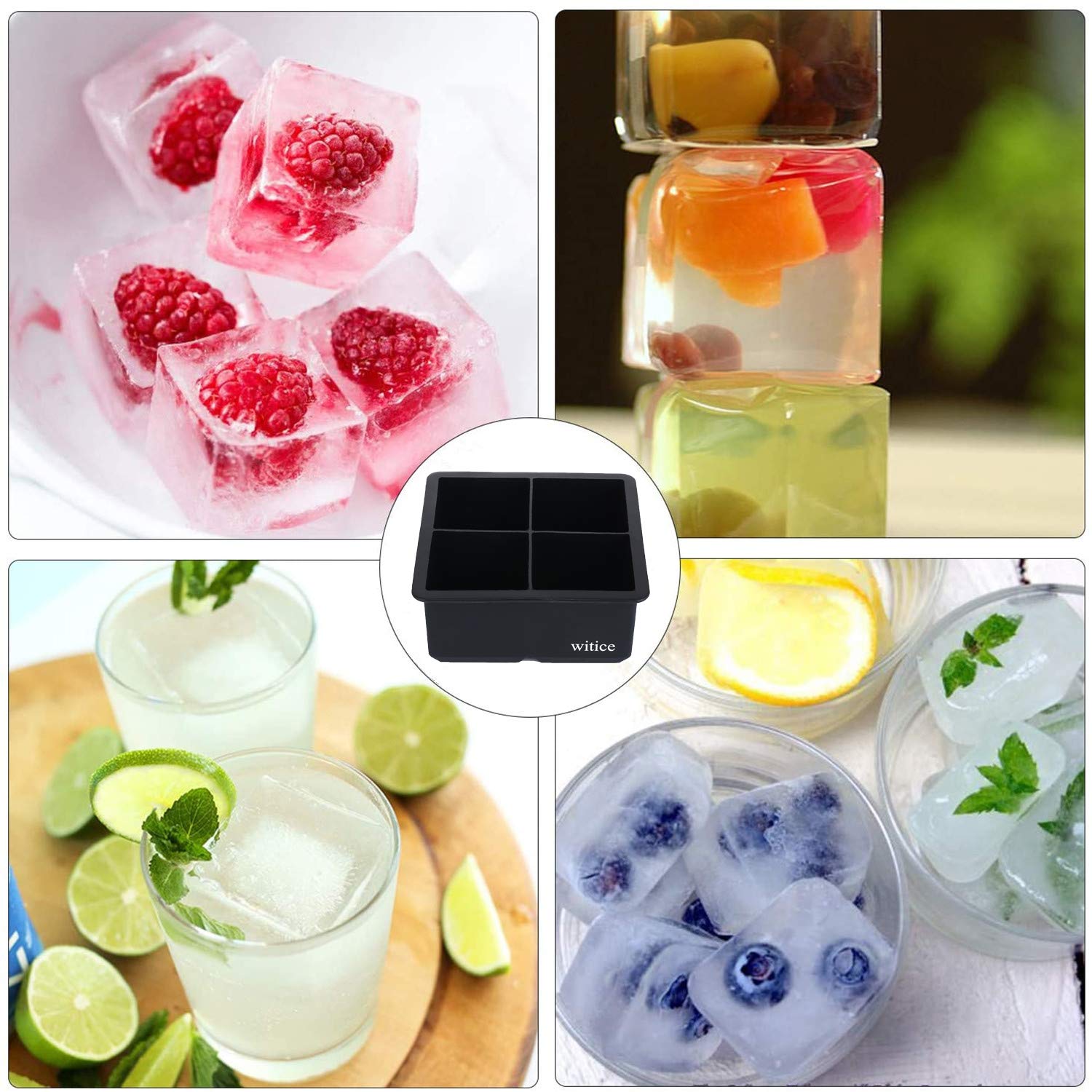 witice Large Ice Cube Trays Silicone (2.5-Inches) - Whiskey Ice Cube Mold, With Easy Release Ice Cubes for Whiskey and For Cocktail,Food Grade (Black 2 Tray)