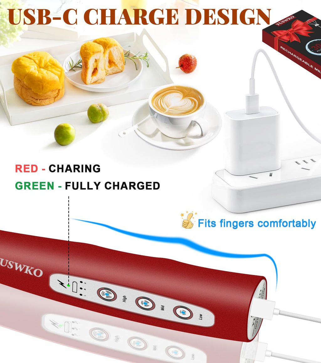 YUSWKO Handheld Milk Frother Wand for Coffee, Rechargeable Electric Whisk with 3 Heads 3 Speeds Drink Mixer Coffee Frother For Latte, Cappuccino, Hot Chocolate, Egg, Red