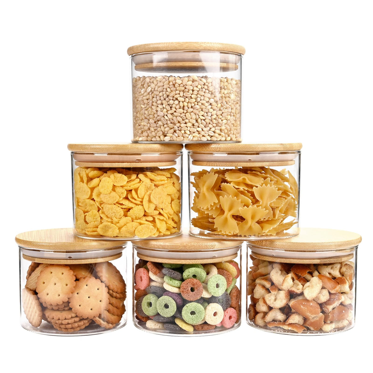 SHOWIN Glass Food Storage Jars, Glass Jars with Bamboo Lids, Kitchen Storage Jars, Canisters with Airtight Lids for Spice, Coffee, Cookie, Set of 5, Pantry Organizers