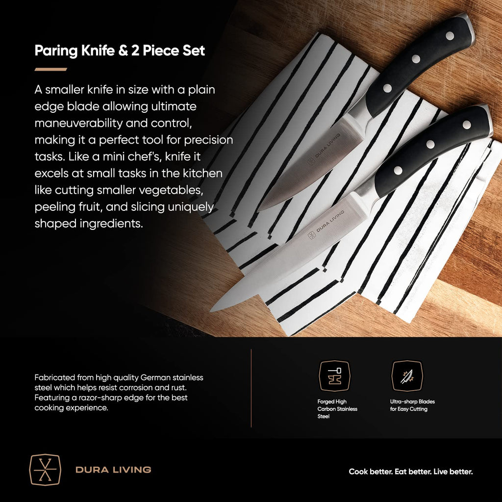 DURA LIVING 3.5-Inch Paring Knife – Ultra-Sharp German High Carbon Stainless Steel, Full Tang, Ergonomic Handle, Multipurpose Kitchen Knife for Chopping, Slicing, and Dicing, Black
