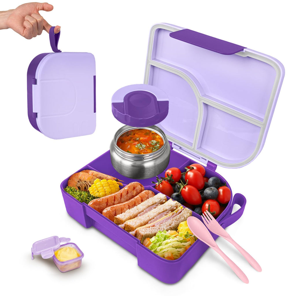 Lunch Box with Thermo Jar, Large-Capacity 3-Compartment Bento Box, Purple